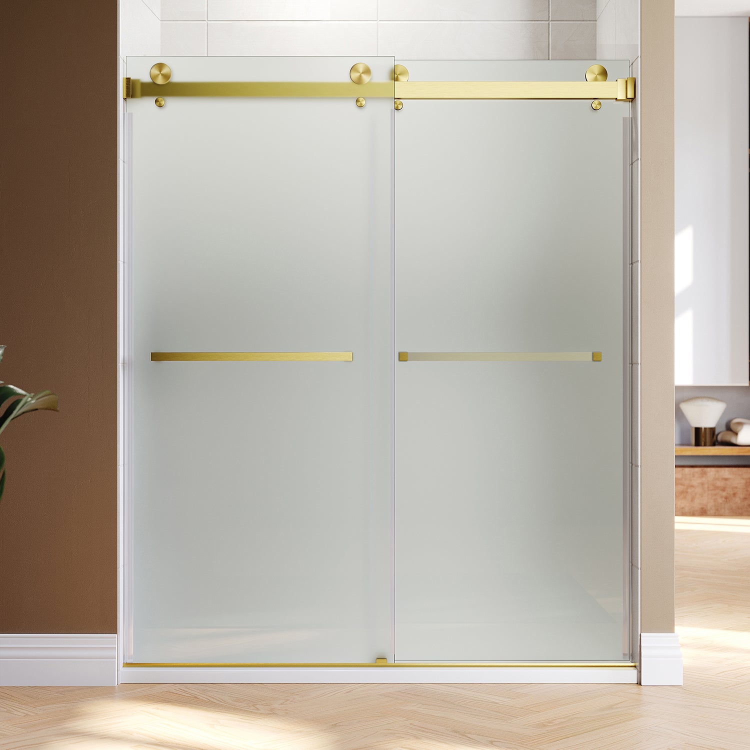 UKD01-56 to 60 in. W x 80in. 2TB H Double Sliding Frameless Shower Door, EnduroShield 3/8 in. Different Glass