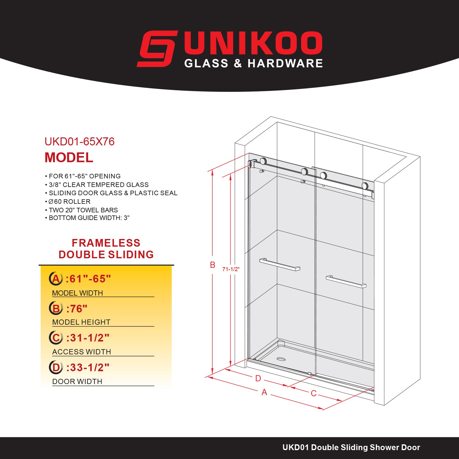 UKD01-61 to 65 in. W x 76 or 80in. 2TB H Double Sliding Frameless Shower Door, EnduroShield 3/8 in. Clear Glass