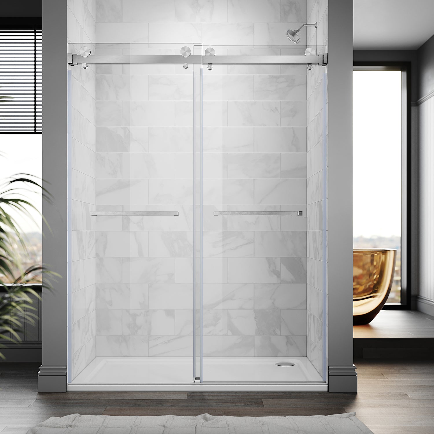UKD01-61 to 65 in. W x 76 or 80in. 2TB H Double Sliding Frameless Shower Door, EnduroShield 3/8 in. Clear Glass