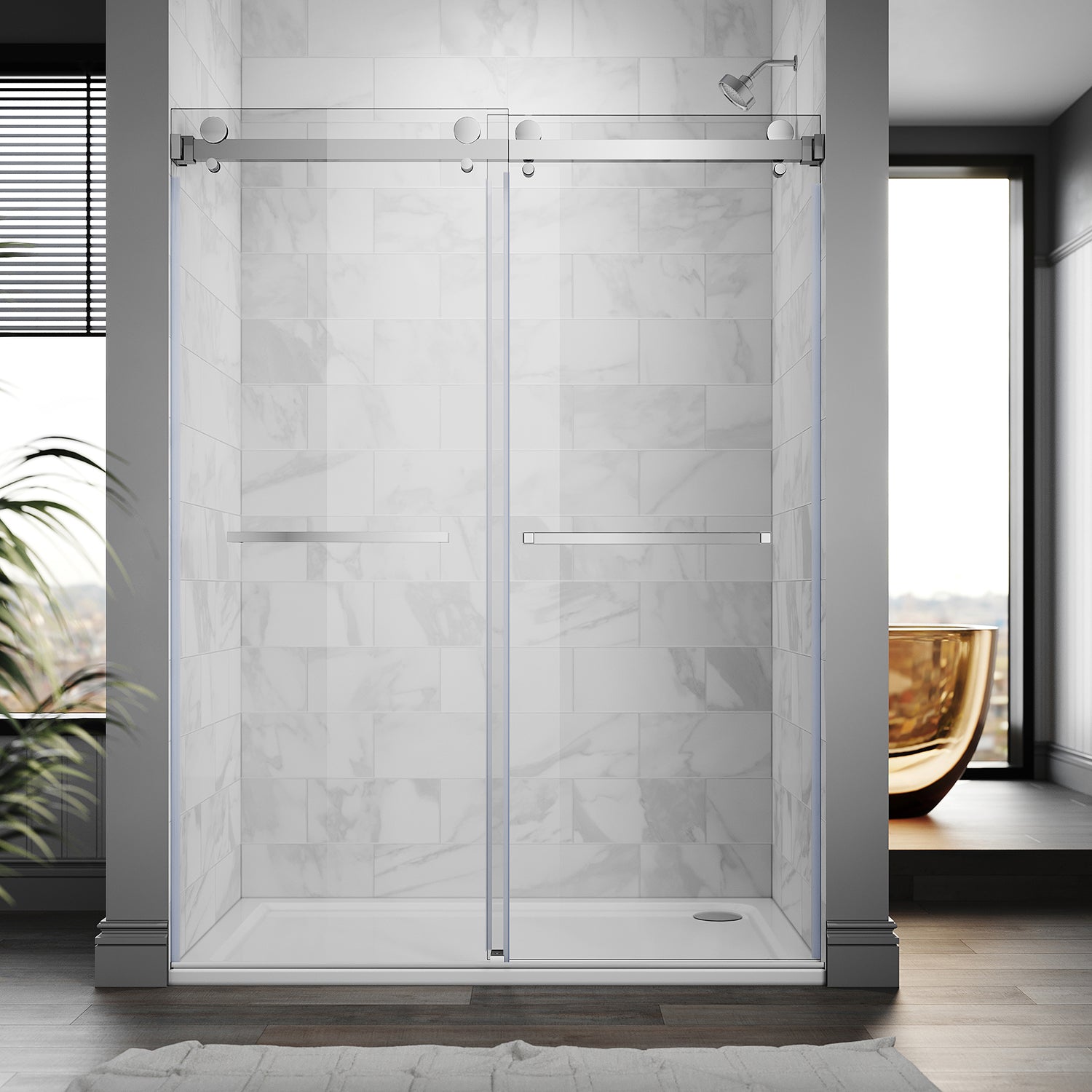UKD01-61 to 65 in. W x 76 or 80in. 2TB H Double Sliding Frameless Shower Door, EnduroShield 3/8 in. Clear Glass