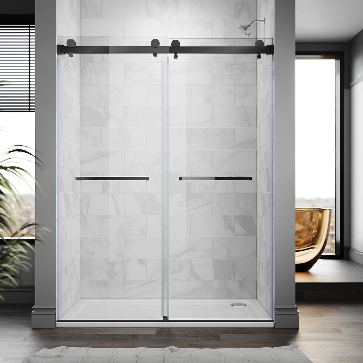 UKD01-61 to 65 in. W x 76 or 80in. 2TB H Double Sliding Frameless Shower Door, EnduroShield 3/8 in. Clear Glass