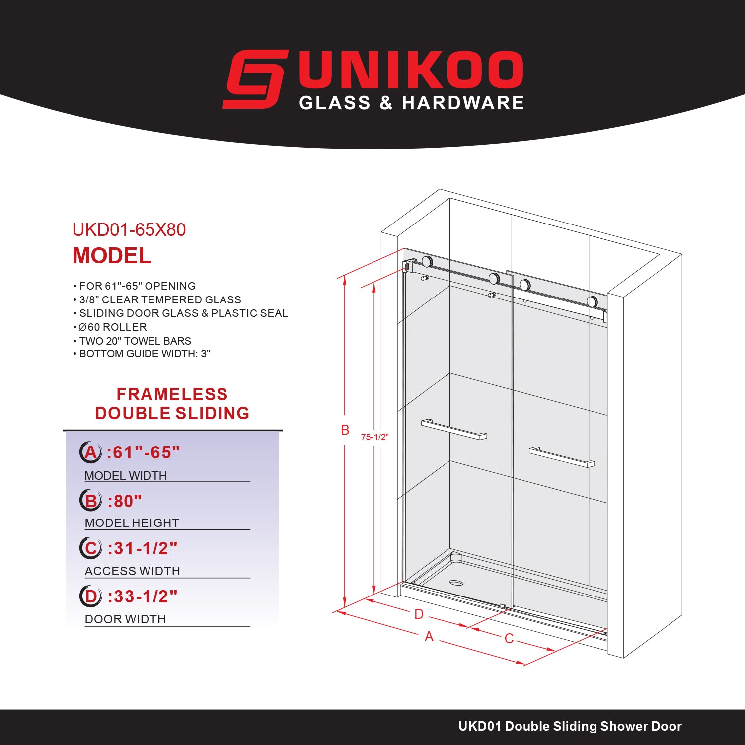 UKD01-61 to 65 in. W x 76 or 80in. 2TB H Double Sliding Frameless Shower Door, EnduroShield 3/8 in. Clear Glass