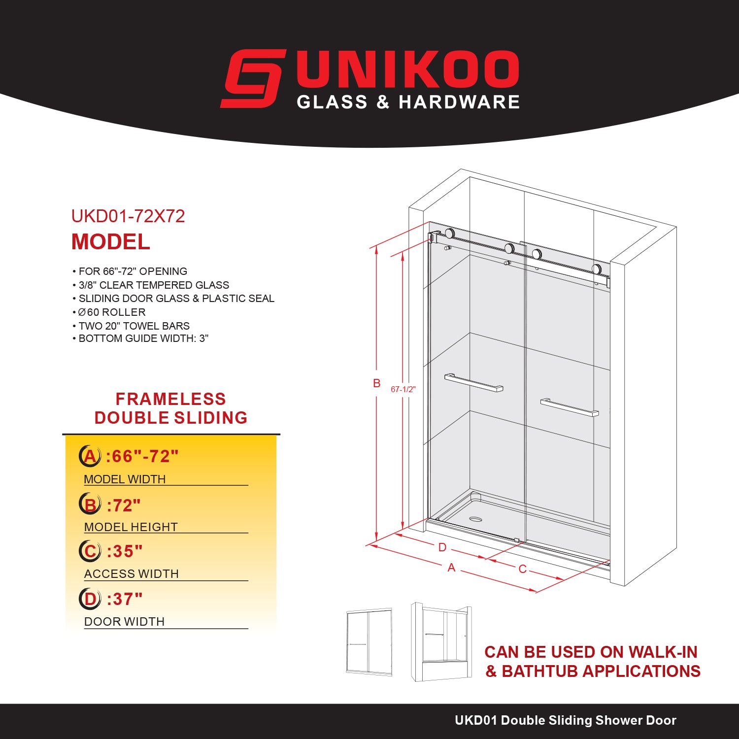 UKD01-66 to 72 in. W x72, 76 or 80in. 2TB H Double Sliding Frameless Shower Door, EnduroShield 3/8 in. Clear Glass