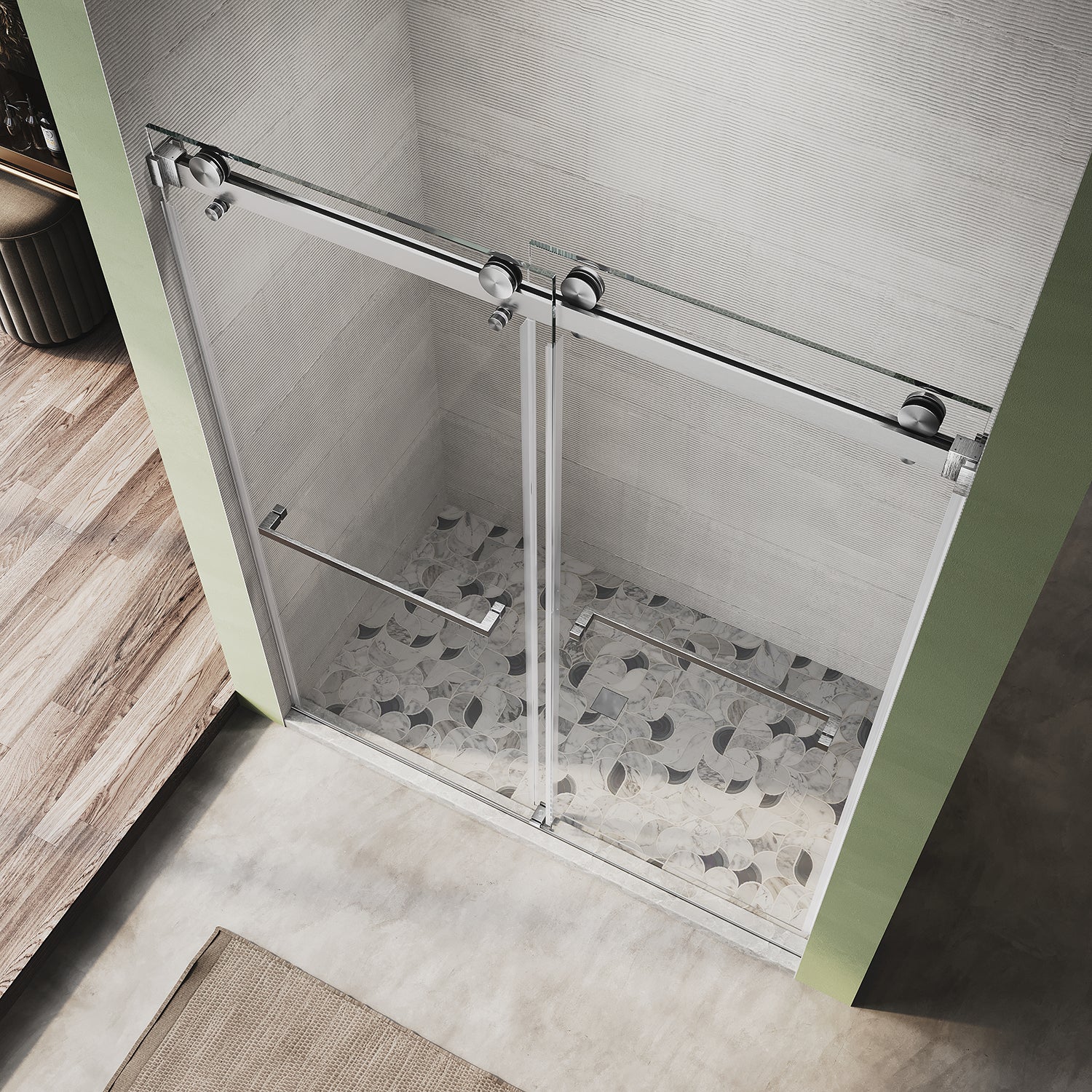 UKD01-66 to 72 in. W x72, 76 or 80in. 2TB H Double Sliding Frameless Shower Door, EnduroShield 3/8 in. Clear Glass