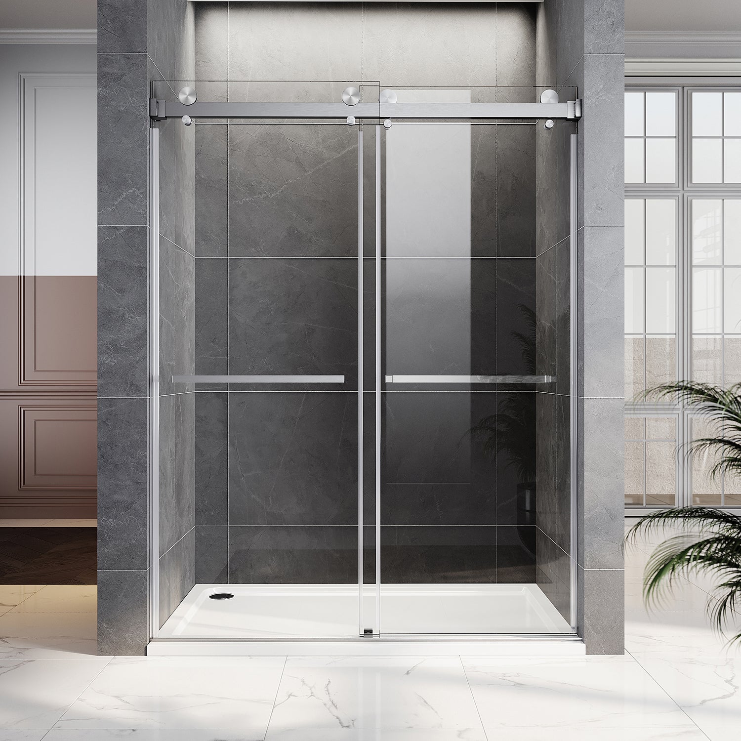UKD01-66 to 72 in. W x72, 76 or 80in. 2TB H Double Sliding Frameless Shower Door, EnduroShield 3/8 in. Clear Glass