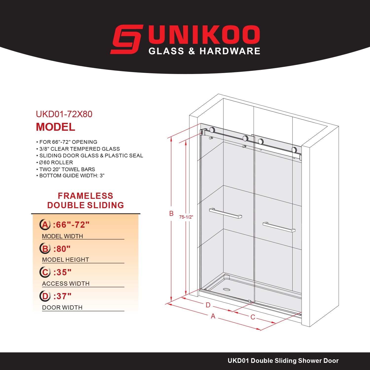 UKD01-66 to 72 in. W x72, 76 or 80in. 2TB H Double Sliding Frameless Shower Door, EnduroShield 3/8 in. Clear Glass