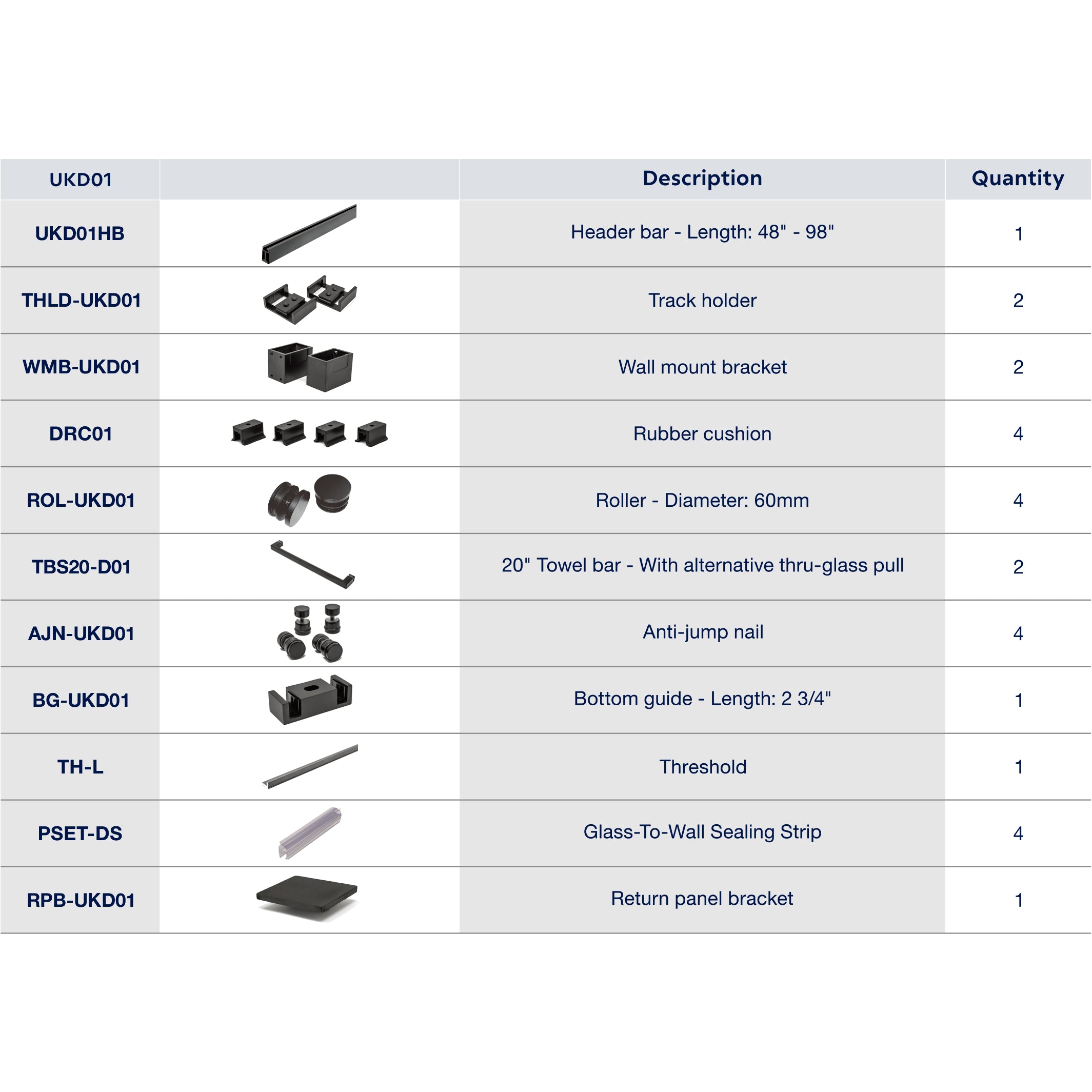 UKD01 46' - 49' SLIDING DOOR HARDWARE KIT W/ 2 TB