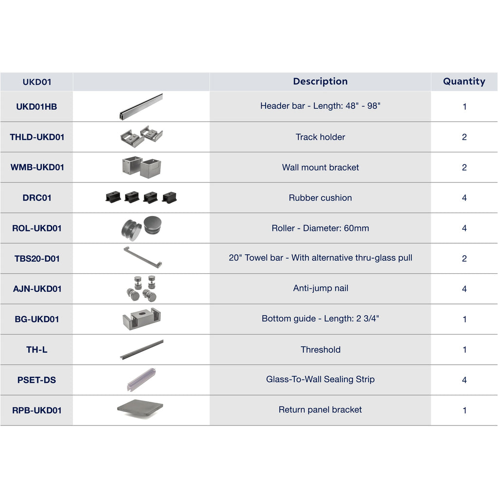 UKD01 50' - 55' SLIDING DOOR HARDWARE KIT W/ 2 TB – Unikoo Glass & Hardware