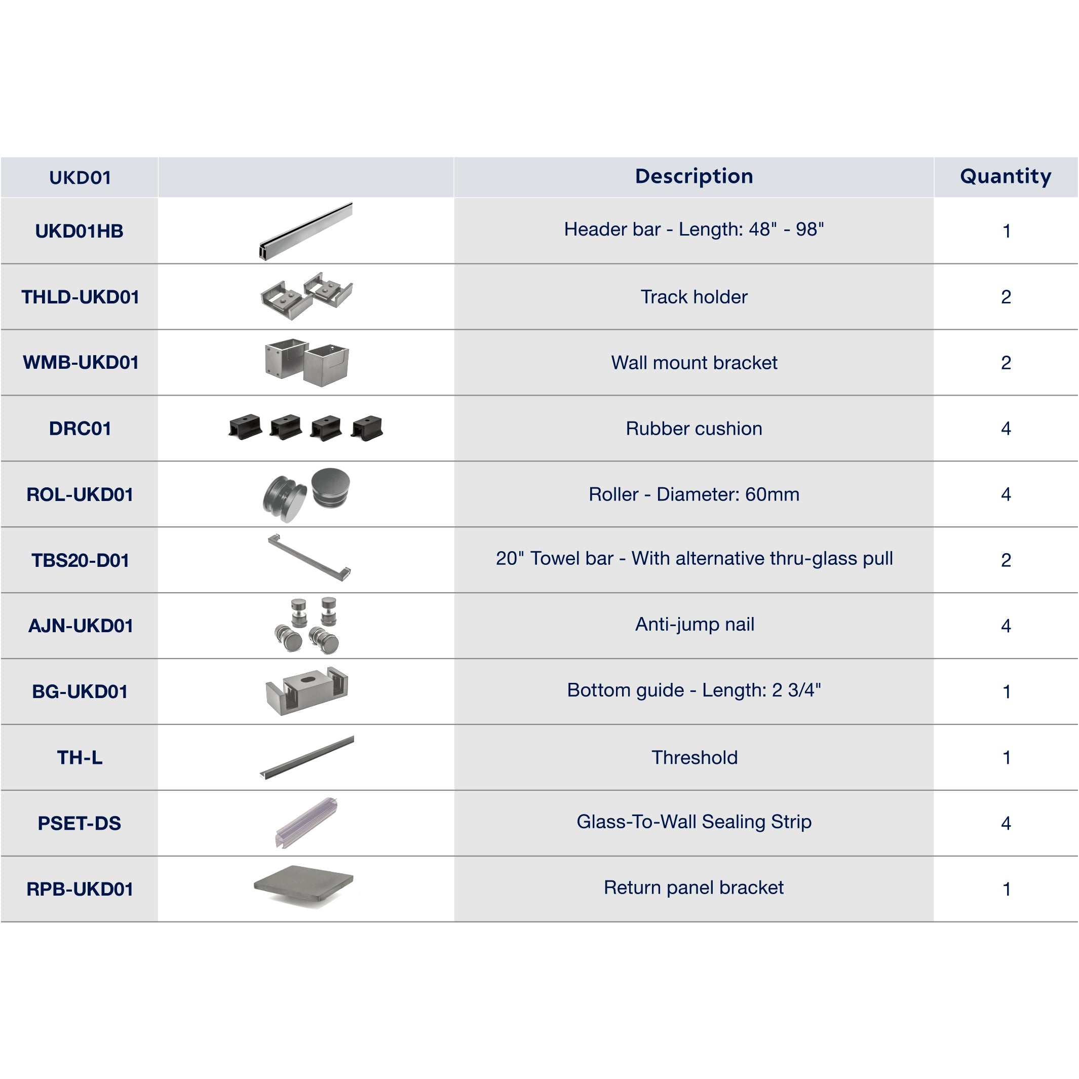 UKD01 56' - 60' SLIDING DOOR HARDWARE KIT W/ 2 TB
