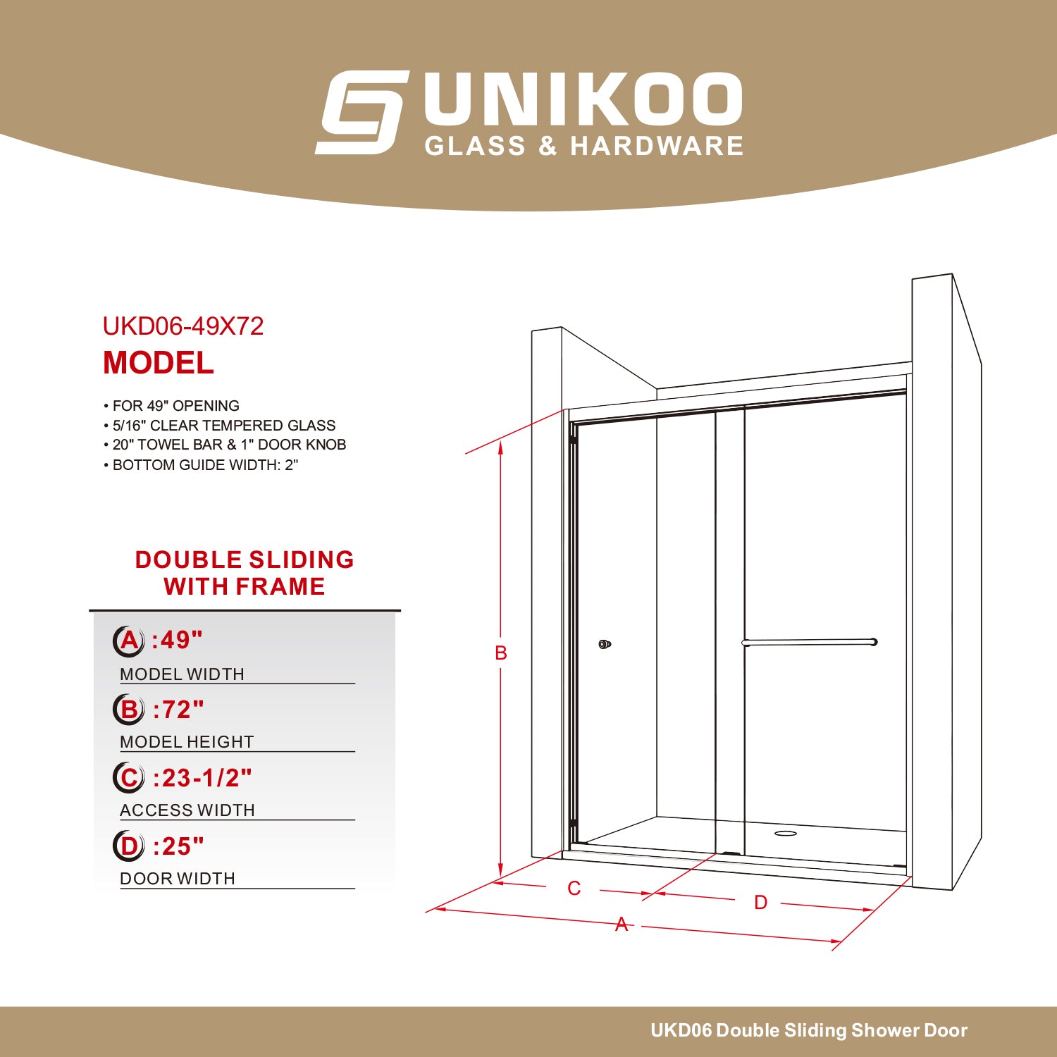 UKD06-  49 or 55 in.W x 72 in. H Double Sliding Semi-Frameless Shower Door, EnduroShield Clear Glass -wholesale