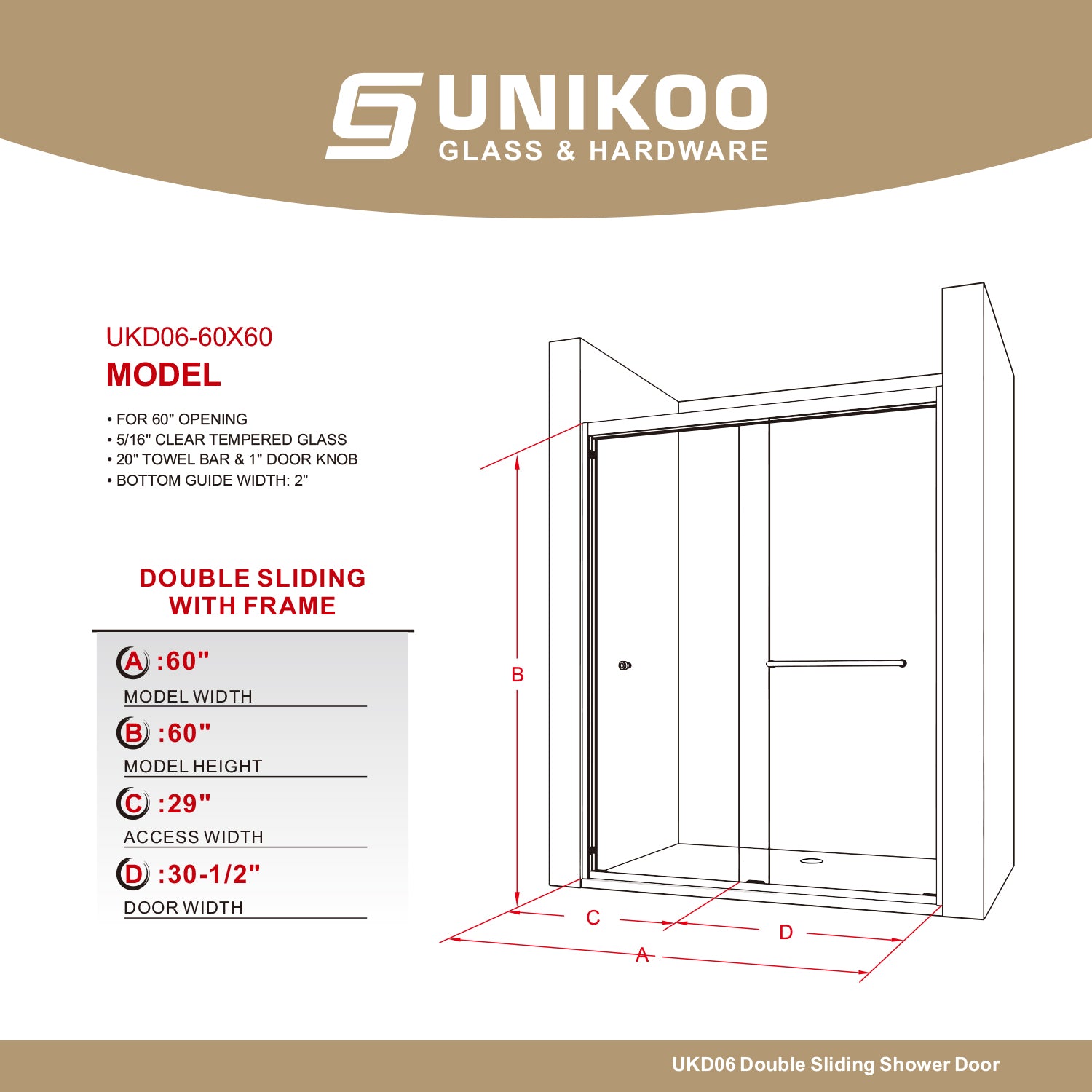 UKD06-56 to 60 in. W x 60 or 66 in. H Double Sliding Semi-Frameless Shower Door, EnduroShield Clear Glass
