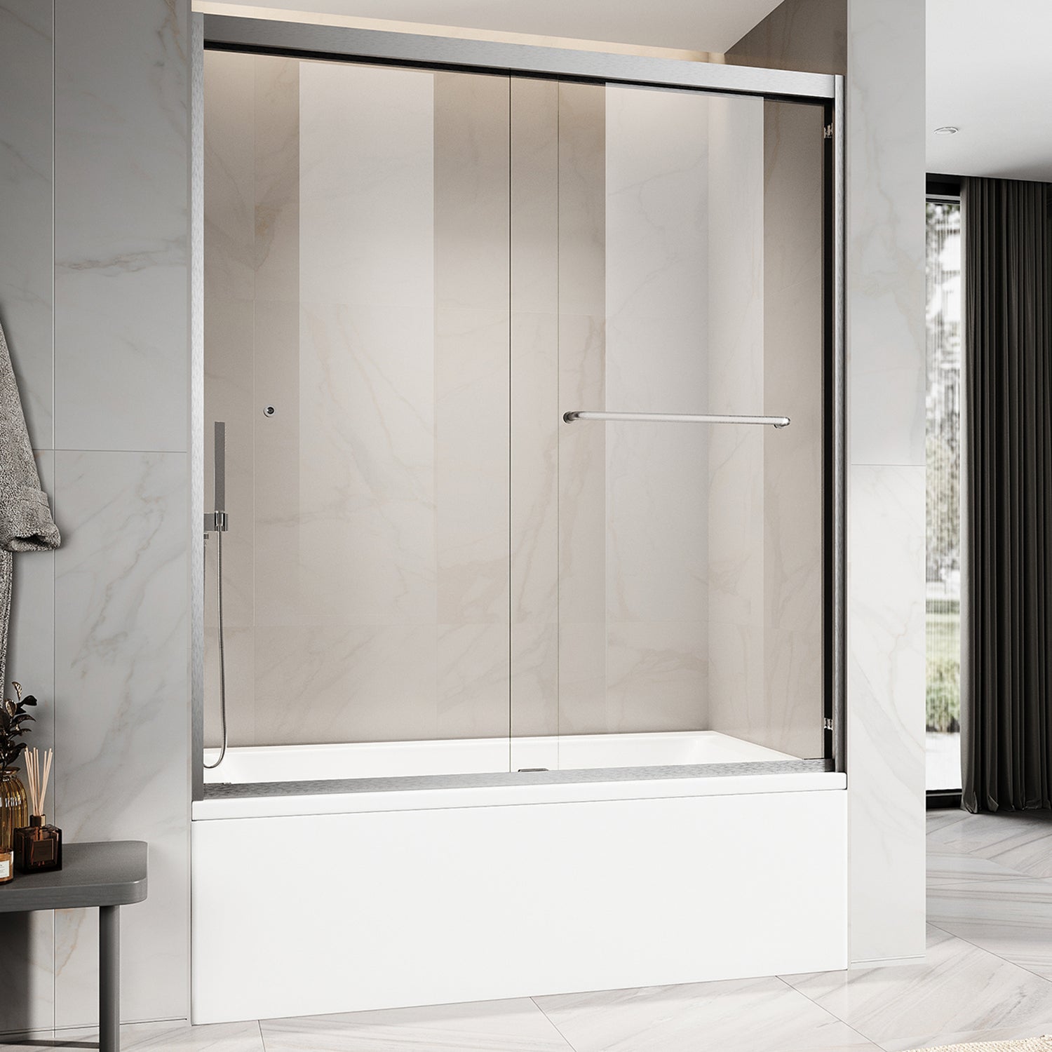 UKD06-56 to 60 in. W x 60 or 66 in. H Double Sliding Semi-Frameless Shower Door, EnduroShield Clear Glass