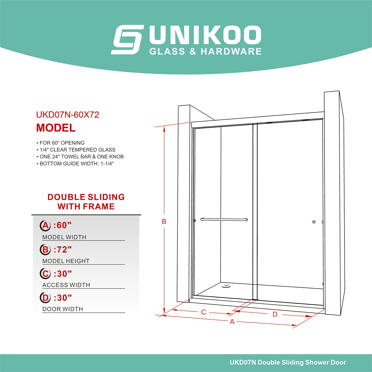 UKD07N-61 to 72 in. W x 76 in. H Double Sliding Semi-Frameless Shower Door, EnduroShield Clear Glass