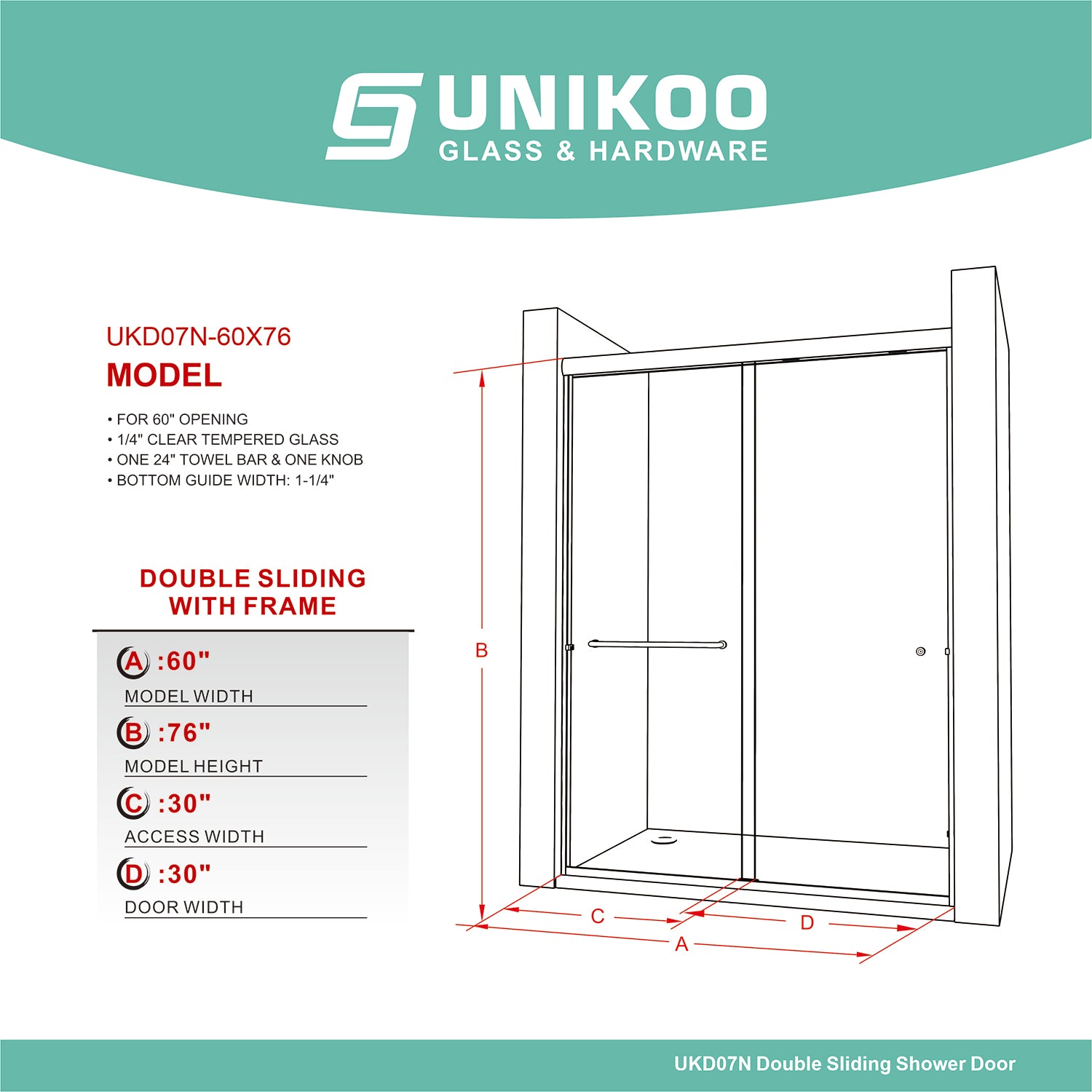 UKD07N-43 to 55 in. W x 76 in. H Double Sliding Semi-Frameless Shower Door, EnduroShield Clear Glass