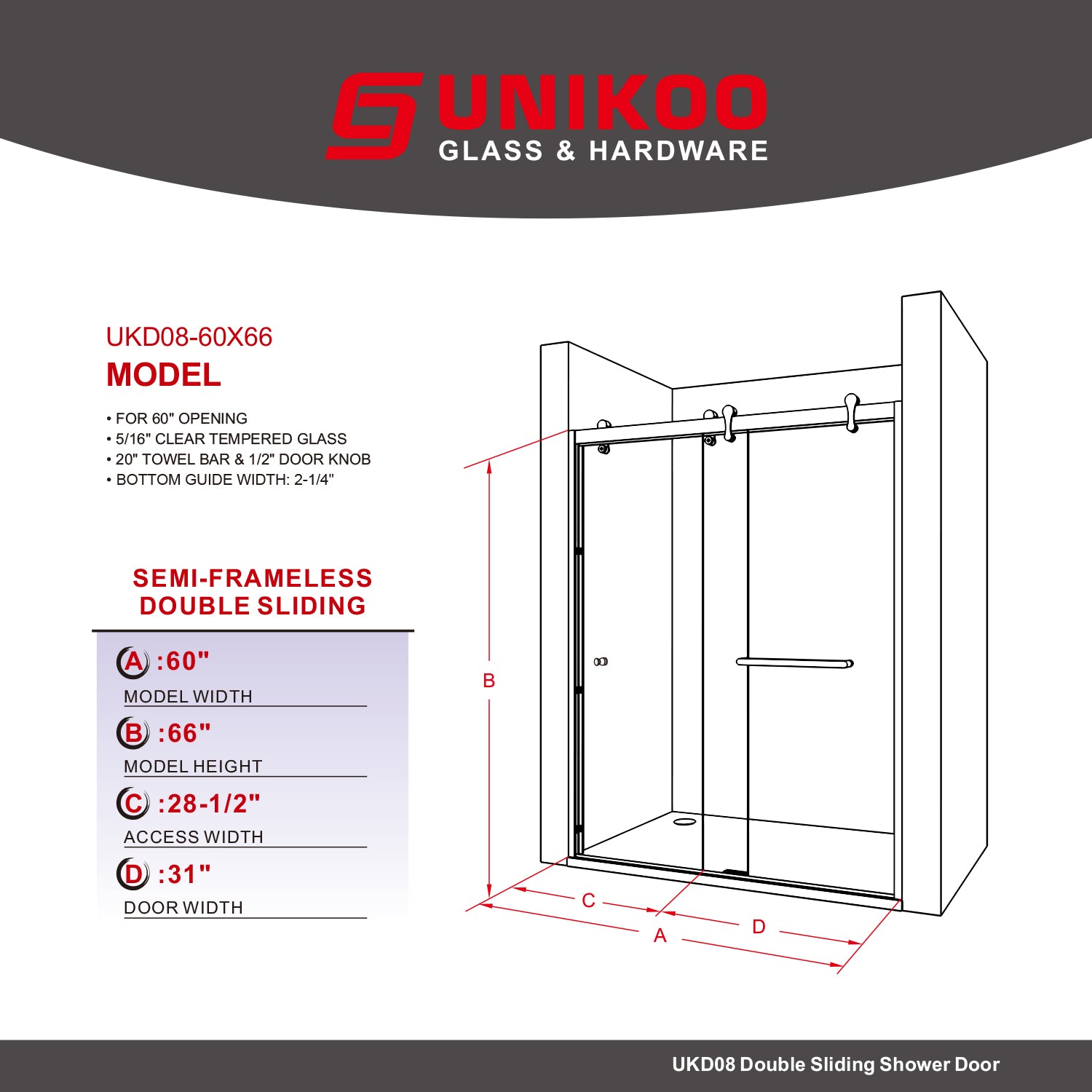 UKD08- Puerta de bañera corredera doble semiframeless de 56-60 pulgadas de ancho x 66 pulgadas de alto con EnduroShield en vidrio grabado al ácido