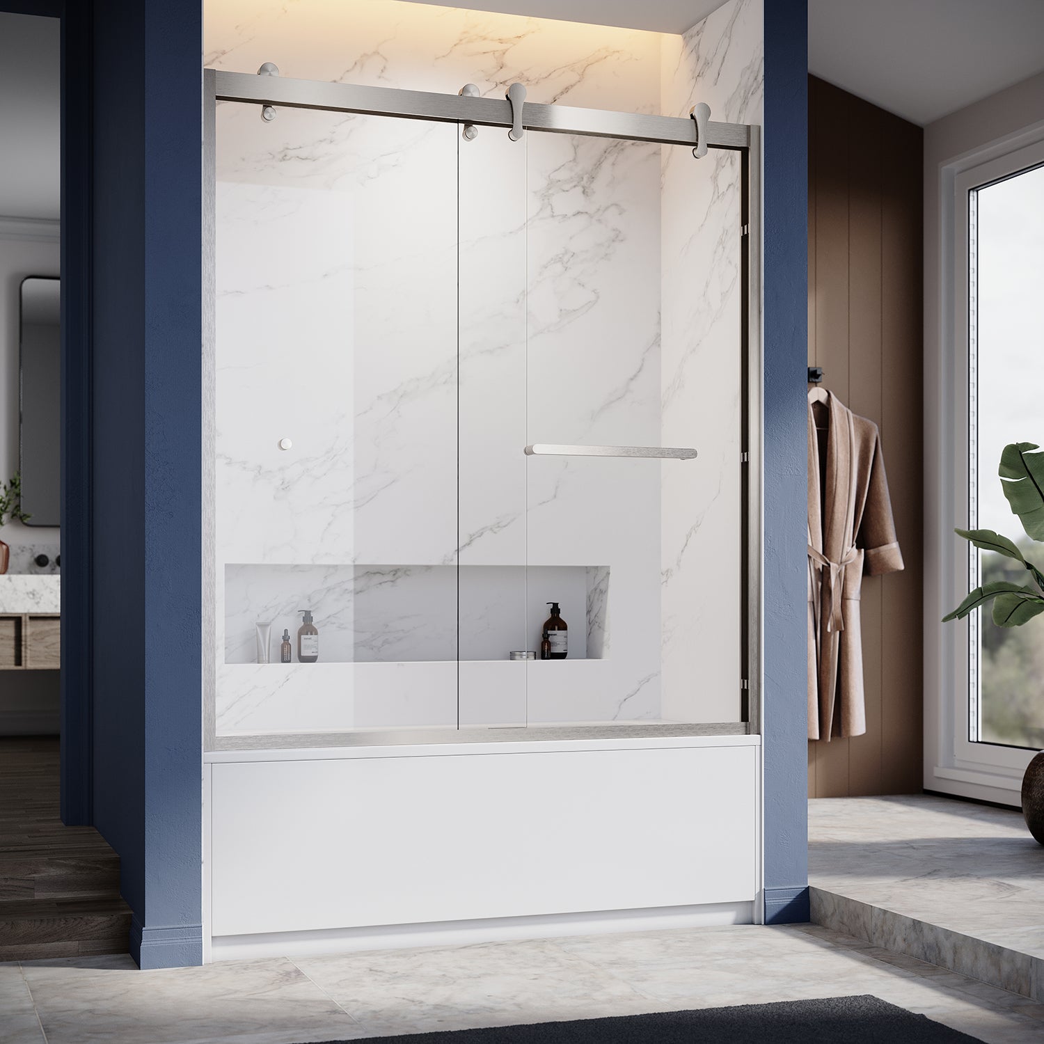 UKD08- Puerta de bañera corredera doble semiframeless de 56-60 pulgadas de ancho x 66 pulgadas de alto con EnduroShield en vidrio transparente