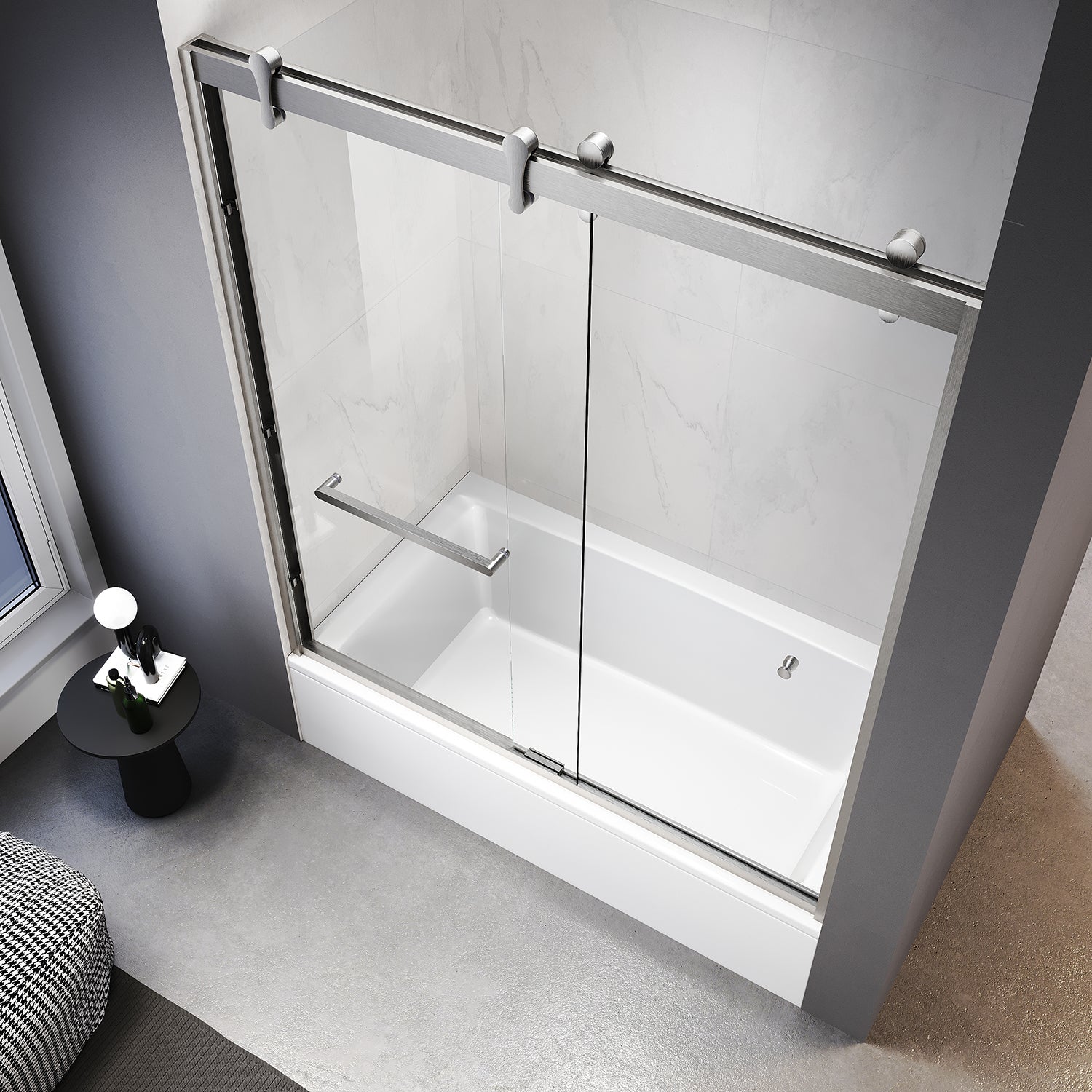 UKD08- Puerta de bañera corredera doble semiframeless de 56-60 pulgadas de ancho x 66 pulgadas de alto con EnduroShield en vidrio transparente