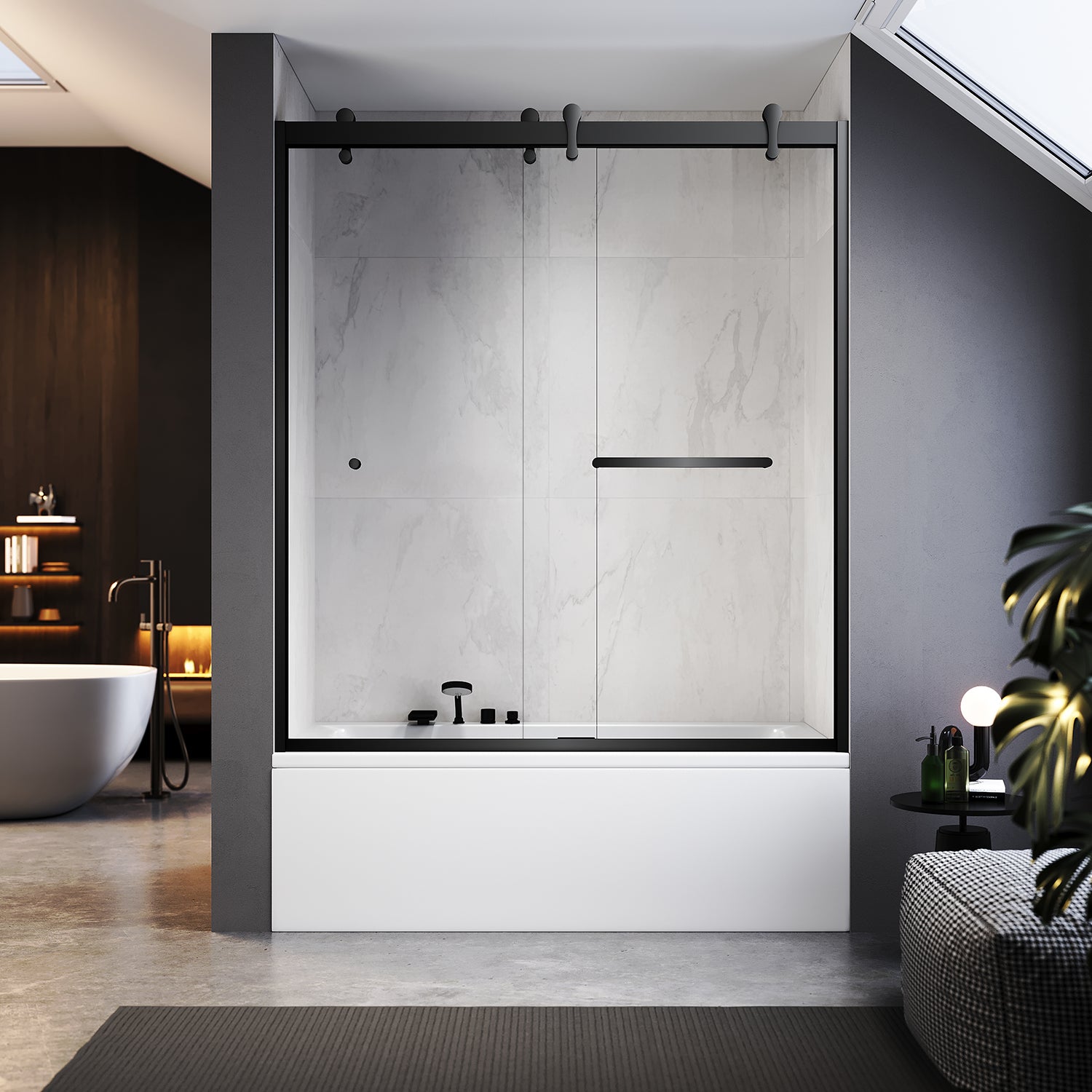 UKD08- Puerta de bañera corredera doble semiframeless de 56-60 pulgadas de ancho x 66 pulgadas de alto con EnduroShield en vidrio transparente