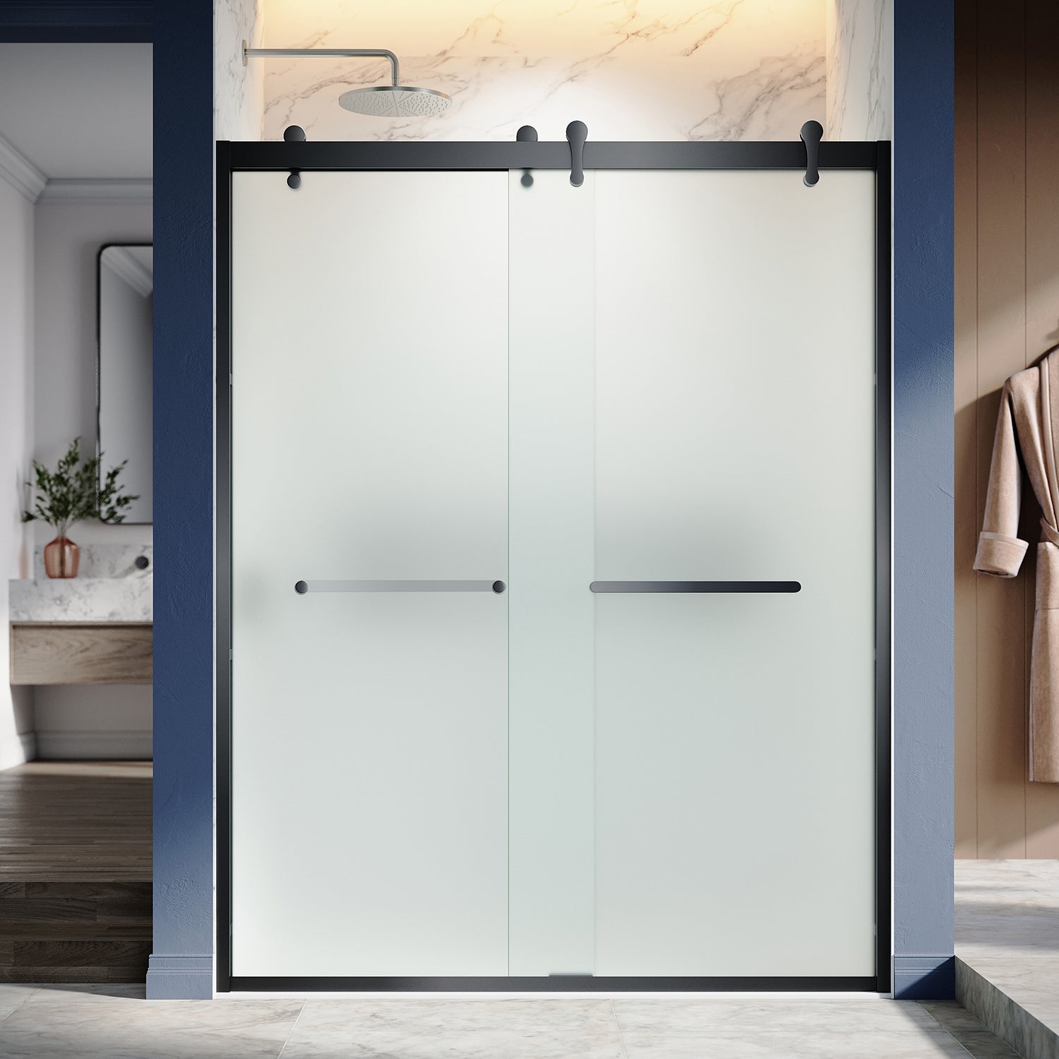 UKD08 - Puerta de bañera corredera doble semiframeless de 152 cm de ancho x 193 cm de alto con EnduroShield en vidrio grabado al ácido