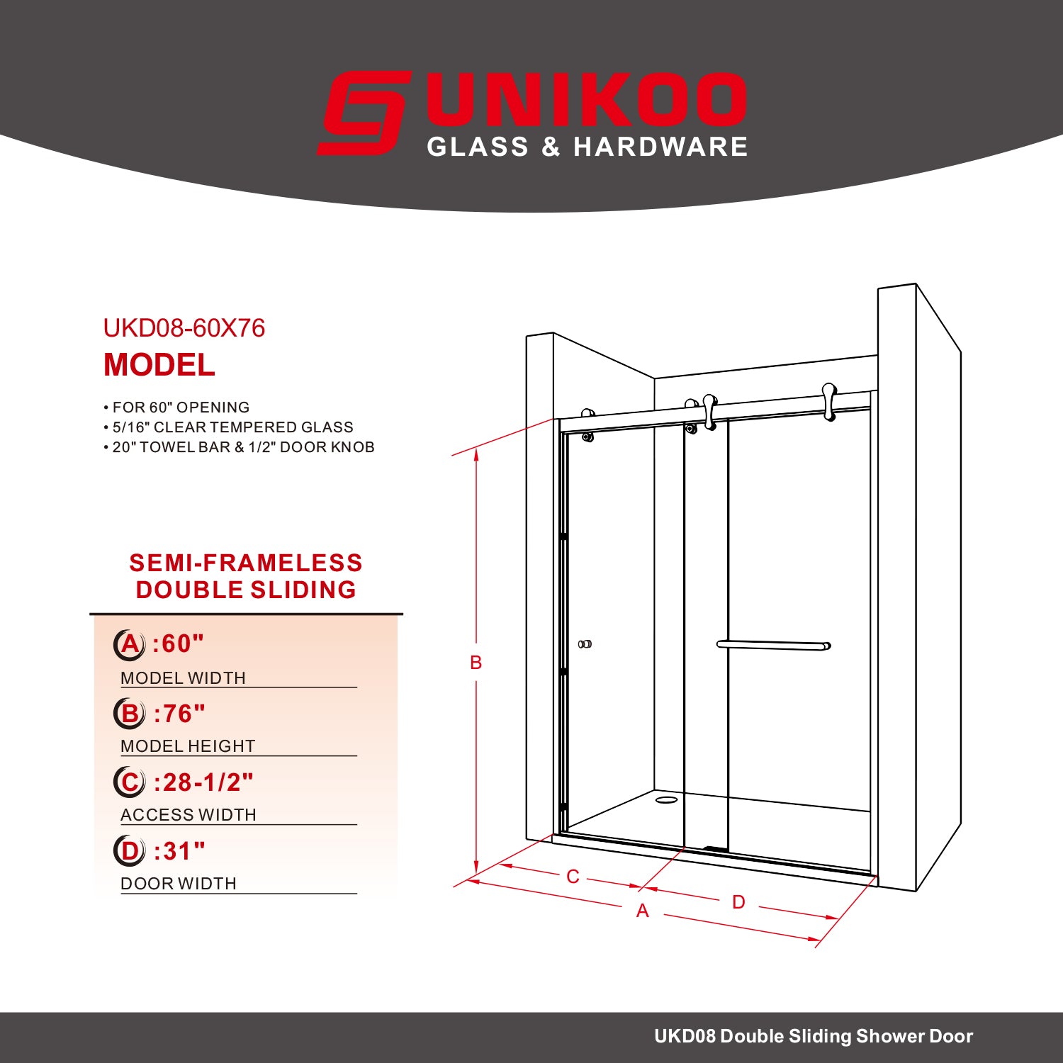 UKD08 - Puerta de bañera corredera doble semiframeless de 152 cm de ancho x 193 cm de alto con EnduroShield en vidrio grabado al ácido