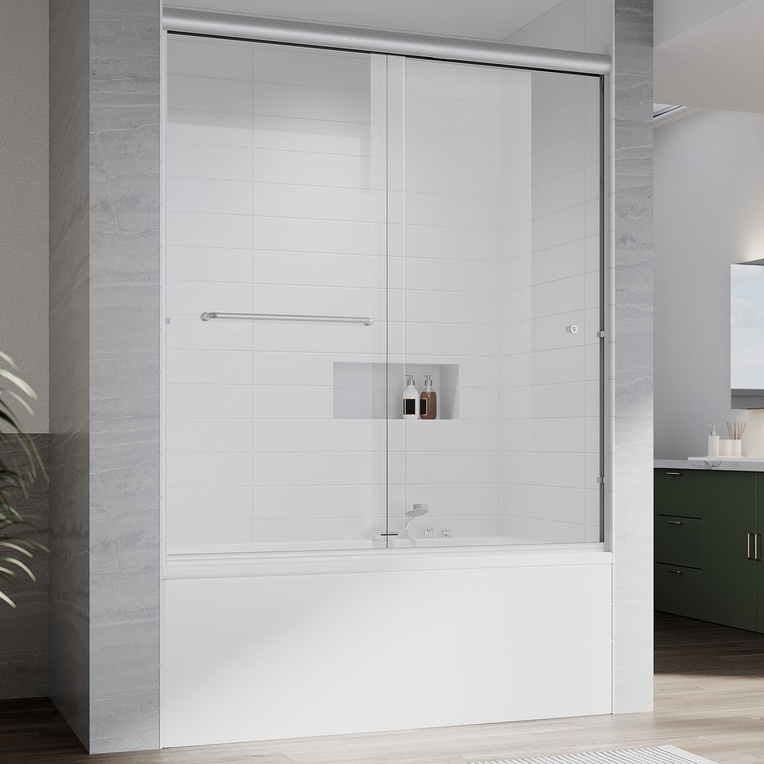 UKD12-56 to 60 in. W x 60 in. H Double Sliding Semi-Frameless Shower Door, EnduroShield Clear Glass