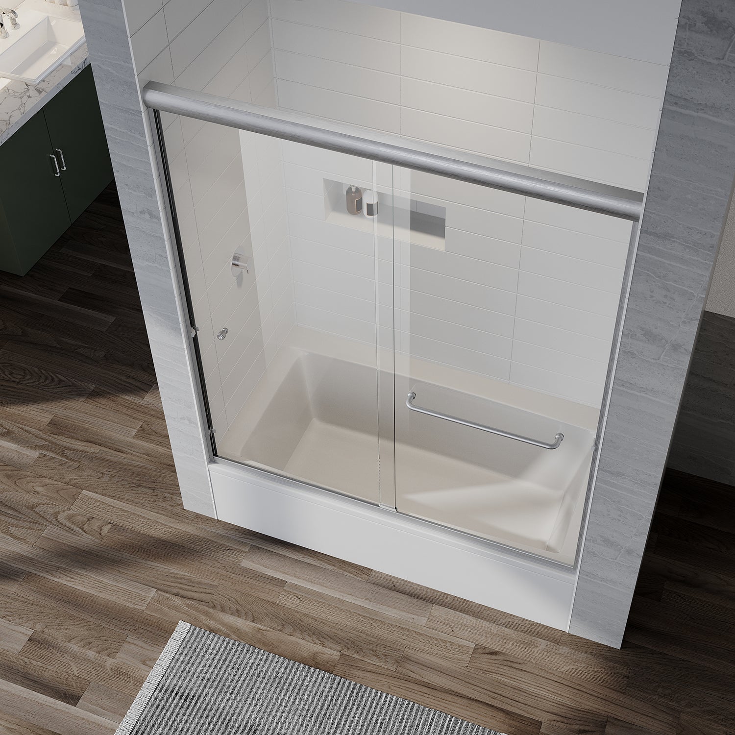 UKD12-56 to 60 in. W x 60 in. H Double Sliding Semi-Frameless Shower Door, EnduroShield Clear Glass