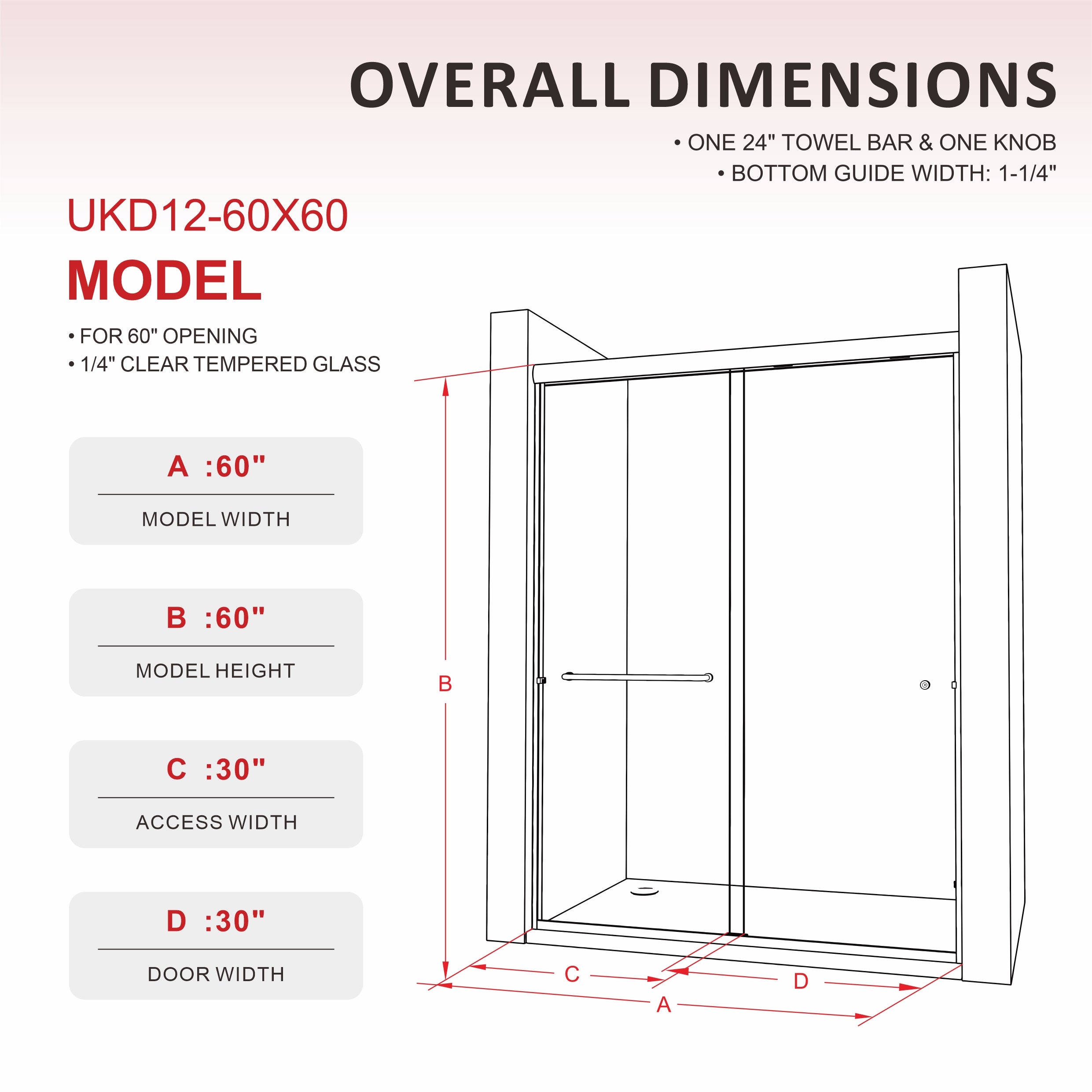 UKD12-56 to 60 in. W x 60 in. H Double Sliding Semi-Frameless Shower Door, EnduroShield Clear Glass