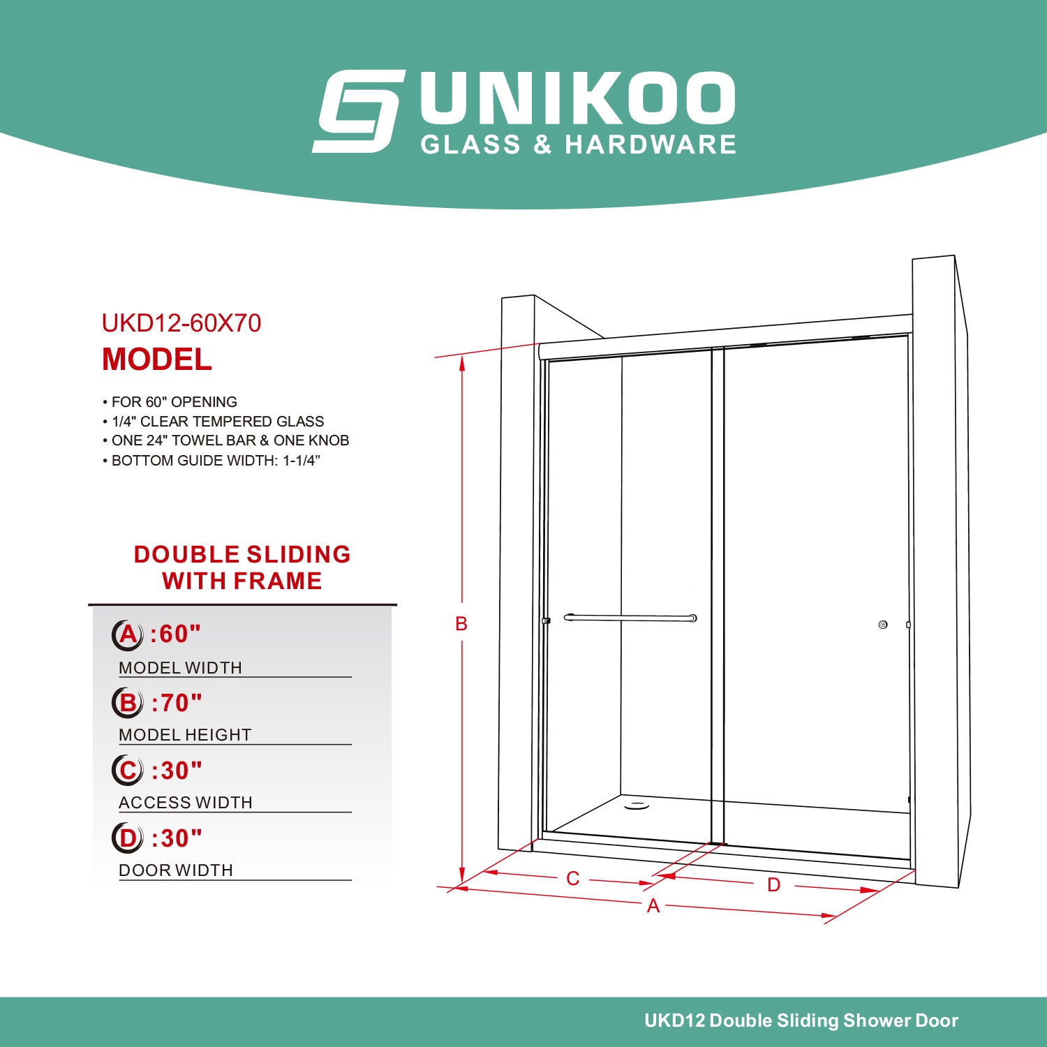 UKD07N-56 to 60 in. W x 72, 76 & 80 in. H Double Sliding Semi-Frameless Shower Door, EnduroShield Clear Glass