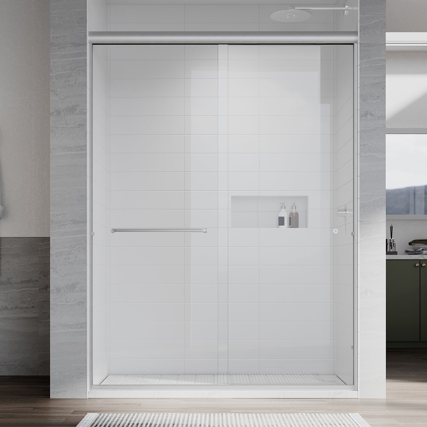 UKD07N-56 to 60 in. W x 72, 76 & 80 in. H Double Sliding Semi-Frameless Shower Door, EnduroShield Clear Glass
