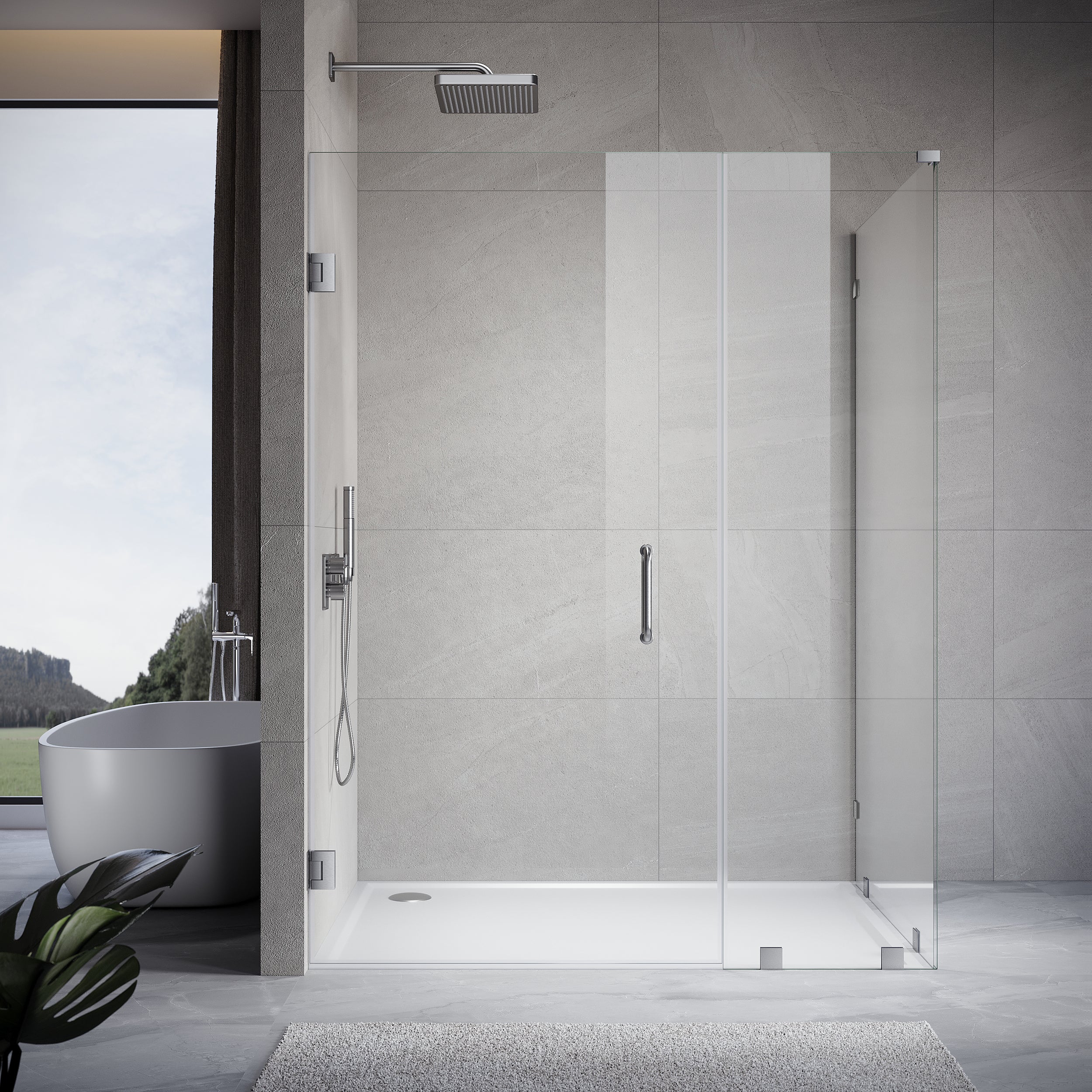UKH07 69-1/8 to 70 in. W X 34 to 40 in. D X 80 in. H Frameless Hinged Shower Door with EnduroShield 3/8 in. Clear Glass with 30 in. Door Panel