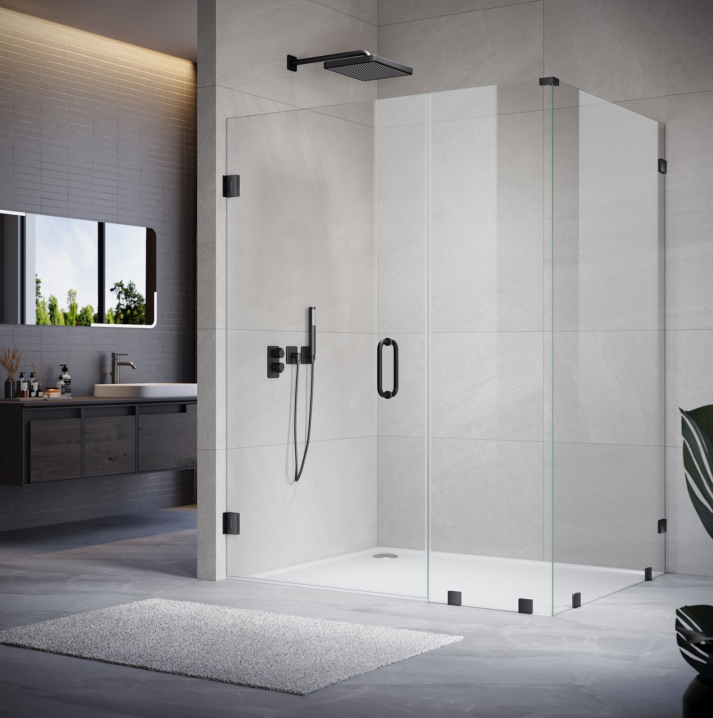 UKH07 69-1/8 to 70 in. W X 34 to 40 in. D X 80 in. H Frameless Hinged Shower Door with EnduroShield 3/8 in. Clear Glass with 30 in. Door Panel