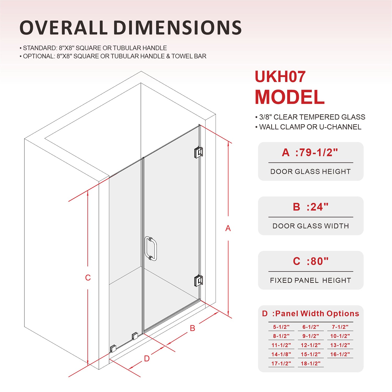 30-1/8 in. to 32 in. W X 80 in. H Frameless Hinged Shower Door with EnduroShield 3/8 in. Clear Glass - 24 in. Door Panel
