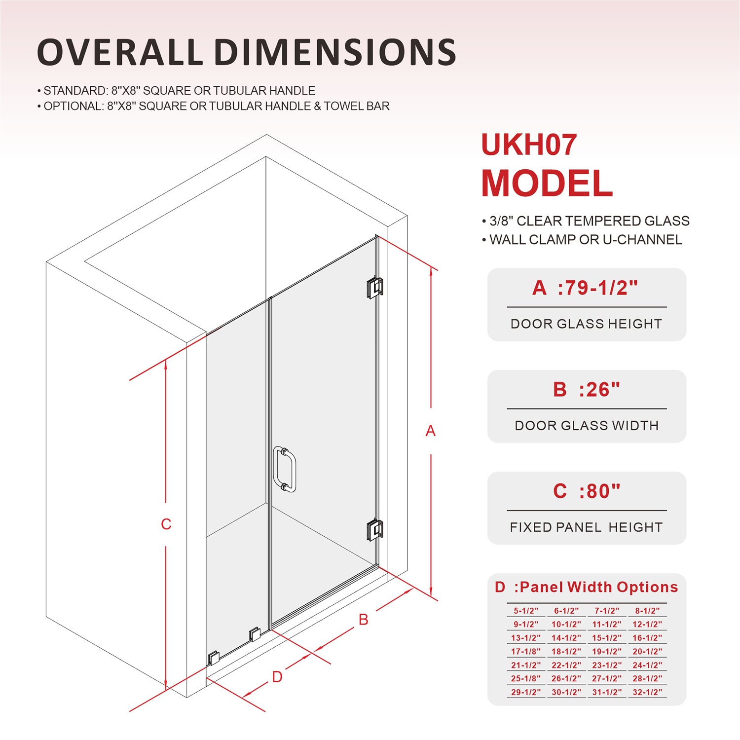 32-1/8 in. to 36 in. W X 80 in. H Frameless Hinged Shower Door in Brushed Nickel with EnduroShield 3/8 in. Clear Glass - 24/26 in. Door Panel
