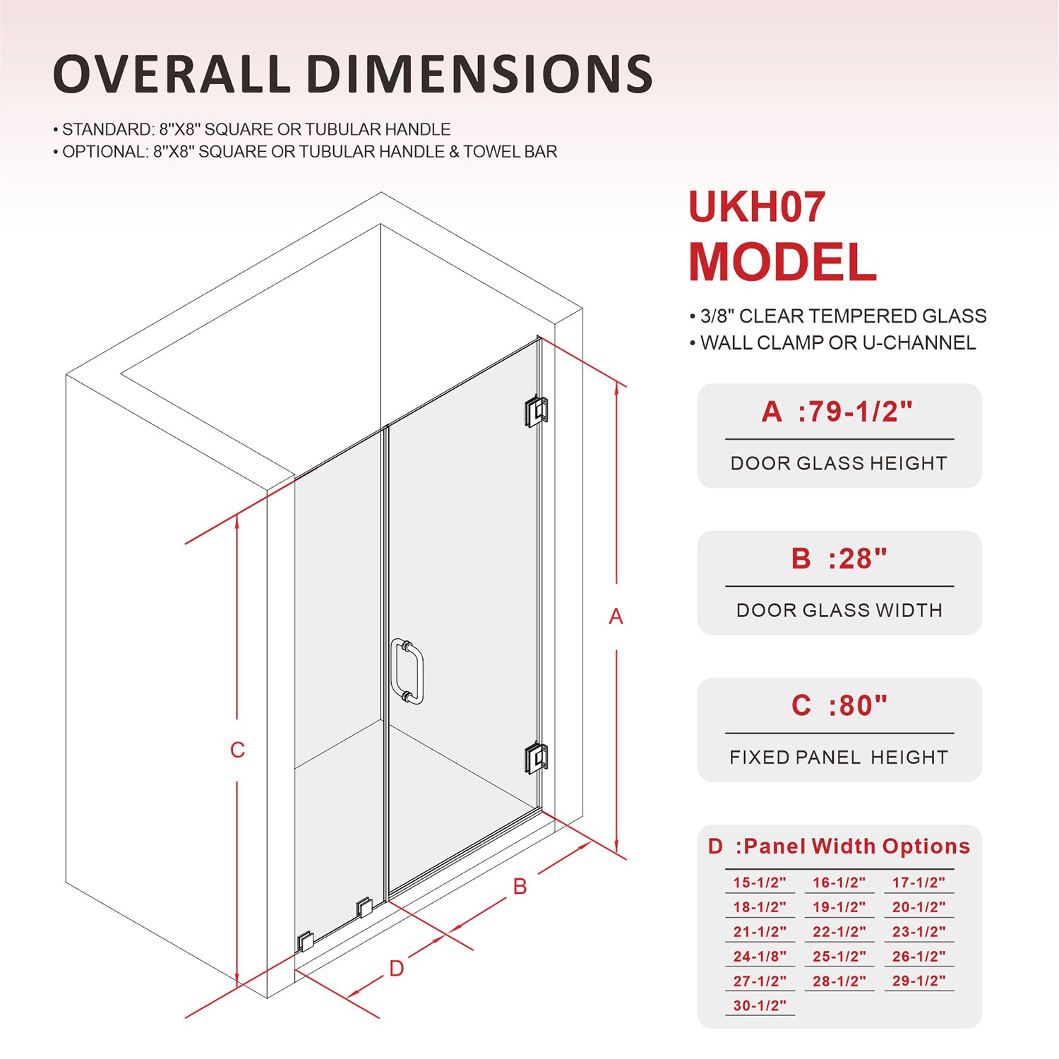 45-1/8 in. to 49 in. W X 80 in. H Frameless Hinged Shower Door with EnduroShield 3/8 in. Clear Glass - 26/28in. Door Panel