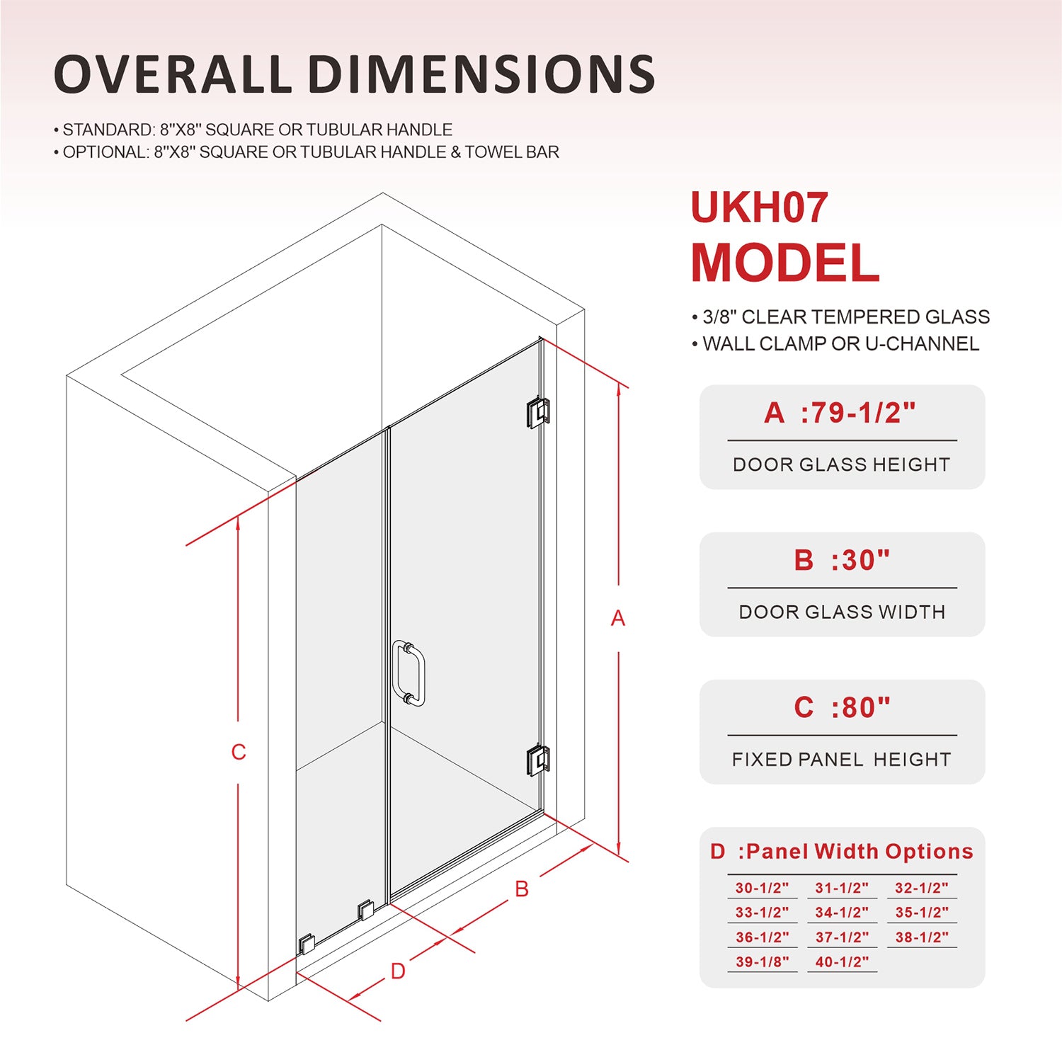 69-1/8 in. to 72 in. W X 80 in. H Frameless Hinged Shower Door in Brushed Nickel with EnduroShield 3/8 in. Clear Glass - 30/32 in. Door Panel