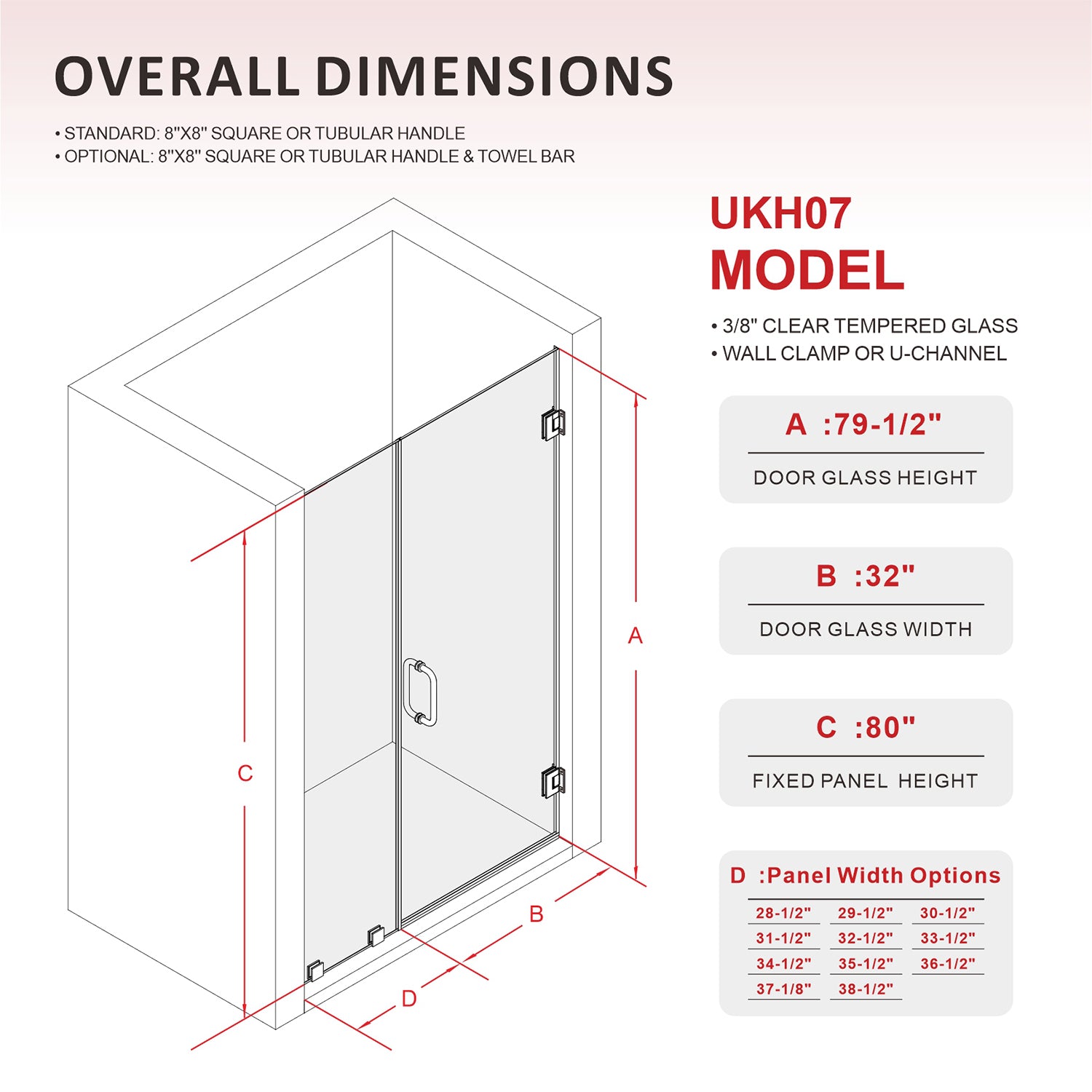 64-1/8 in. to 65 in. W X 80 in. H Frameless Swing Shower Door in with Double 3/8" (10mm) Certified Tempered Clear Glass in 30/32 in. Door Panel