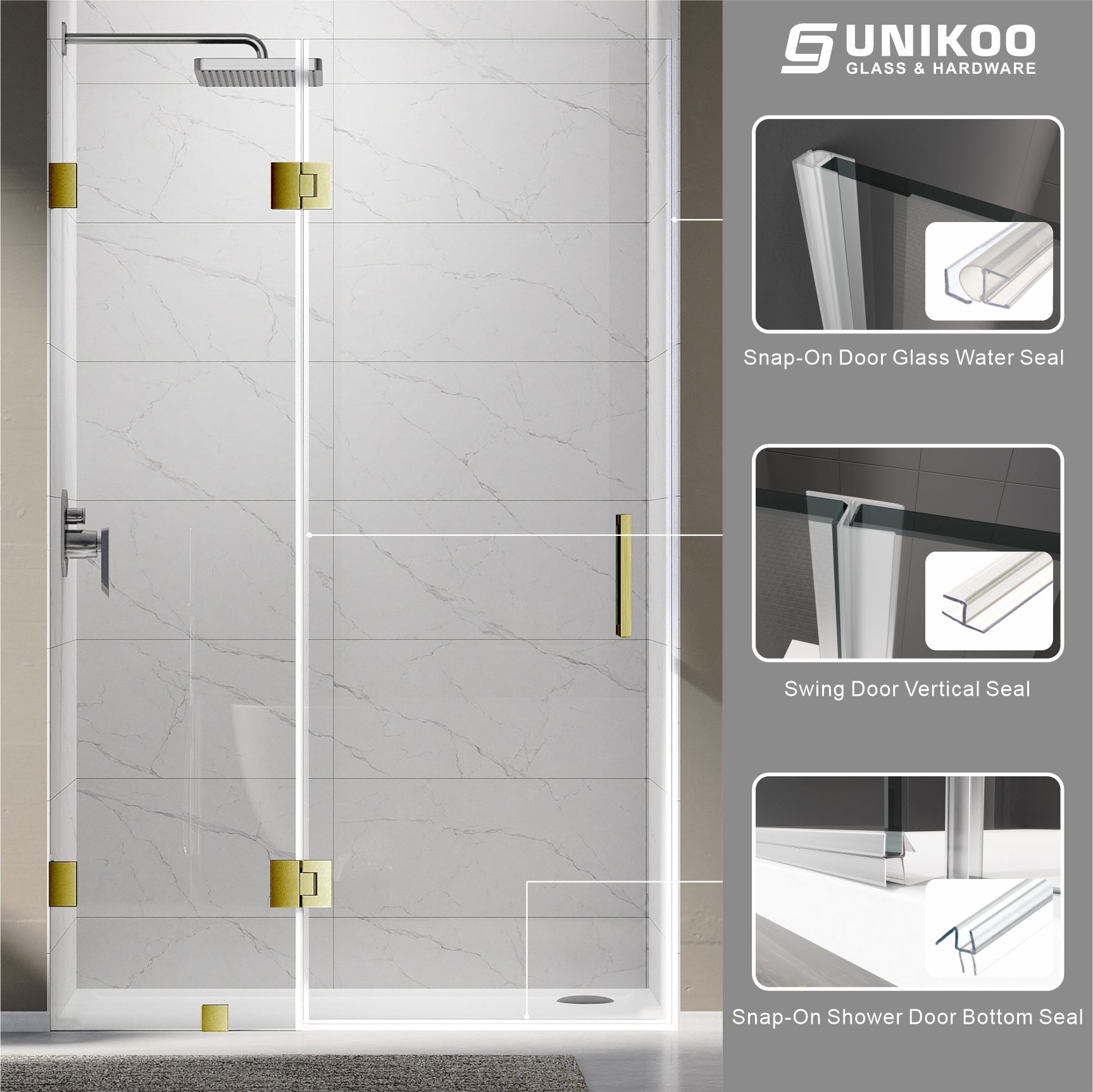 UKH07B3D 46-47 in. W x 80 in. H Frameless  Glass-to-Glass Hinged Swing Shower Door  with 3/8 in. SGCC Certified Tempered Glass