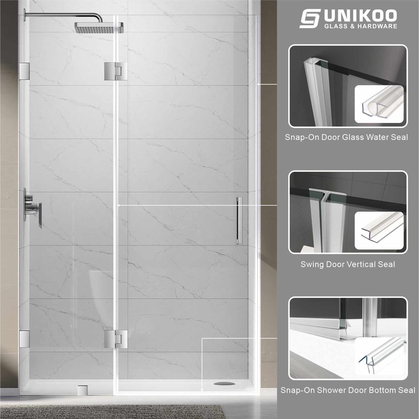 UKH07B3D 46-47 in. W x 80 in. H Frameless  Glass-to-Glass Hinged Swing Shower Door  with 3/8 in. SGCC Certified Tempered Glass