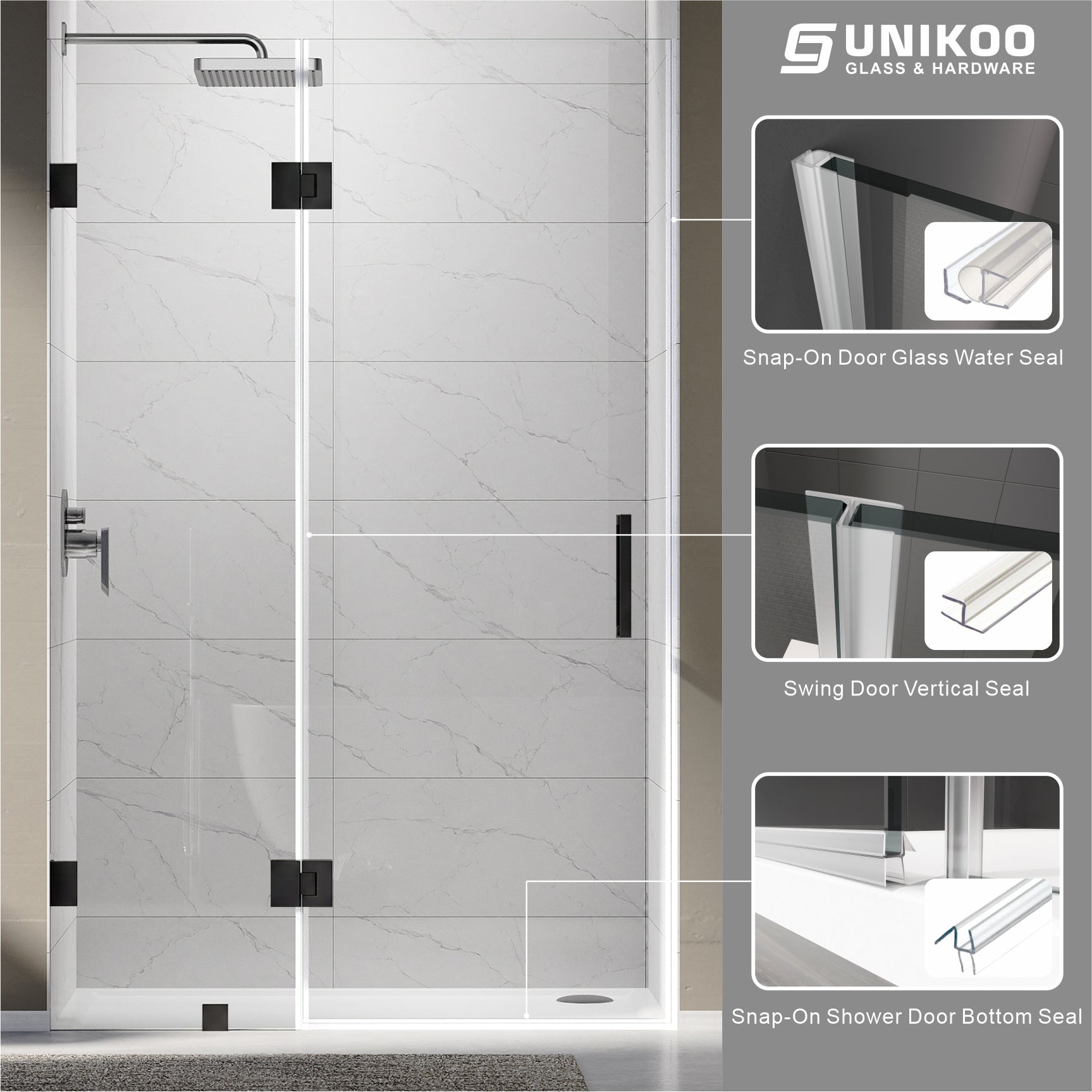 UKH07B3D 46-47 in. W x 80 in. H Frameless  Glass-to-Glass Hinged Swing Shower Door  with 3/8 in. SGCC Certified Tempered Glass