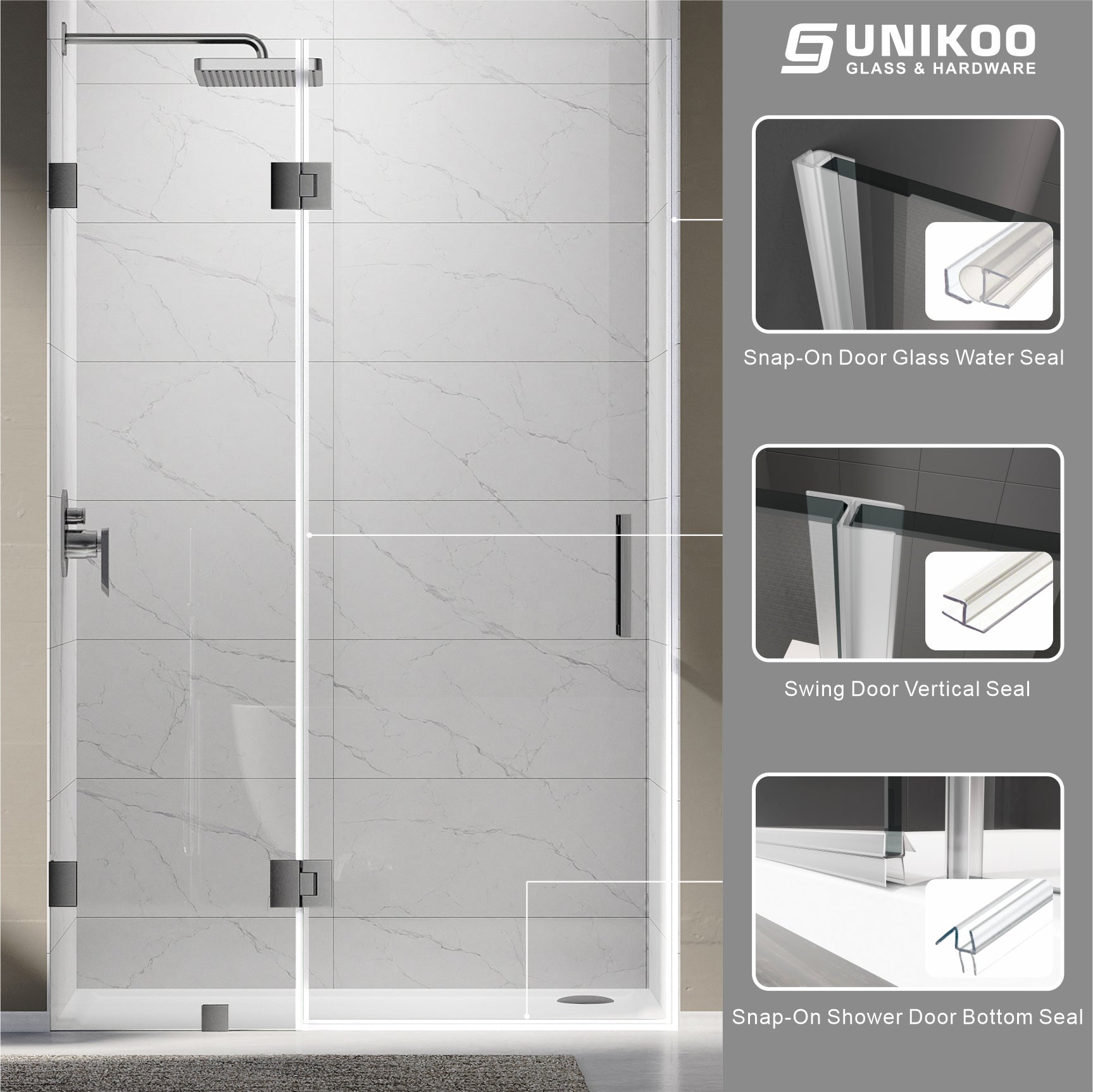 UKH07B3D 46-47 in. W x 80 in. H Frameless  Glass-to-Glass Hinged Swing Shower Door  with 3/8 in. SGCC Certified Tempered Glass