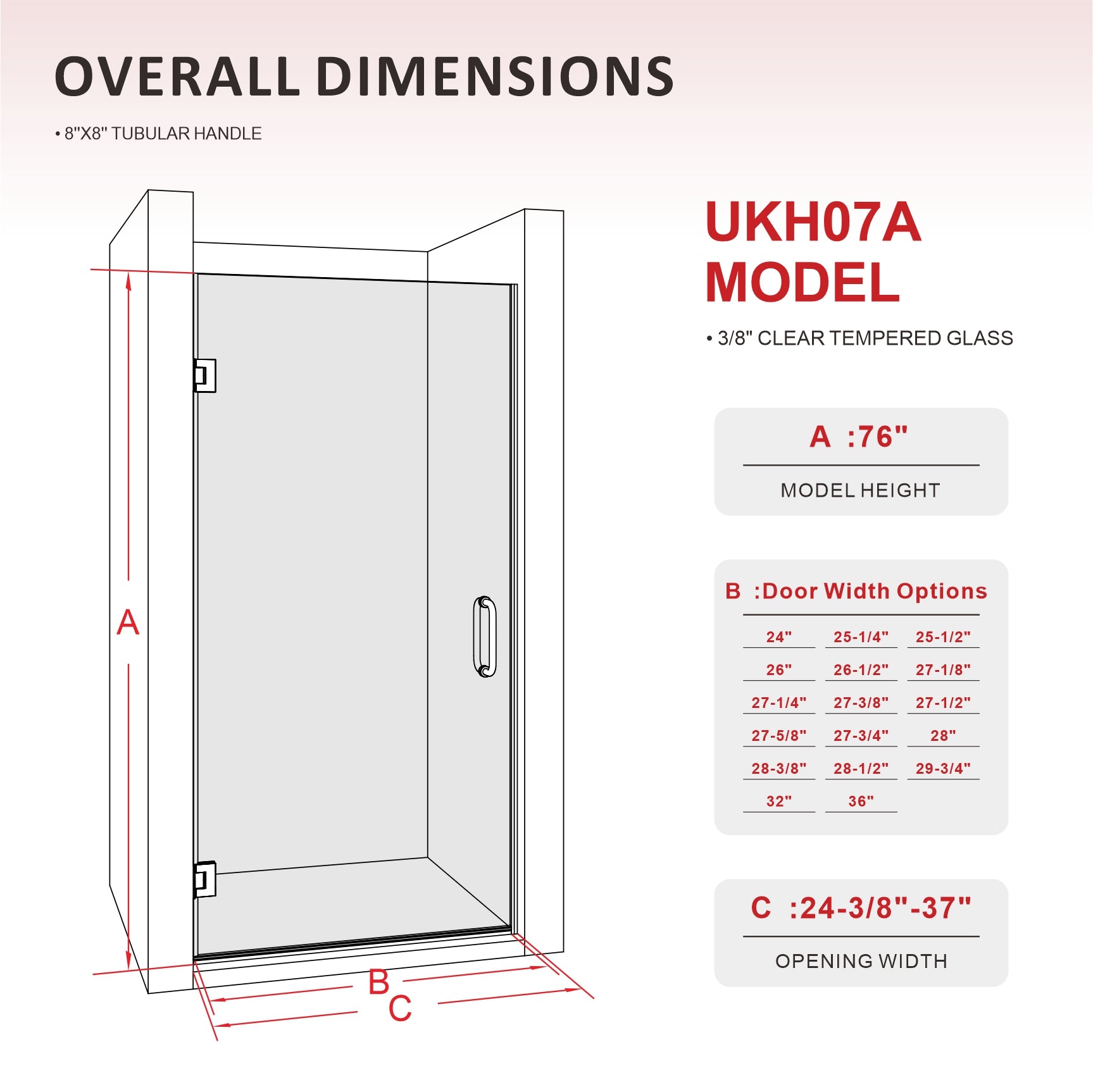 UKH07A 24-3/8 in. to 25 in. W X 80 in. H Frameless Hinged Shower Door with EnduroShield 3/8 in. Clear Glass