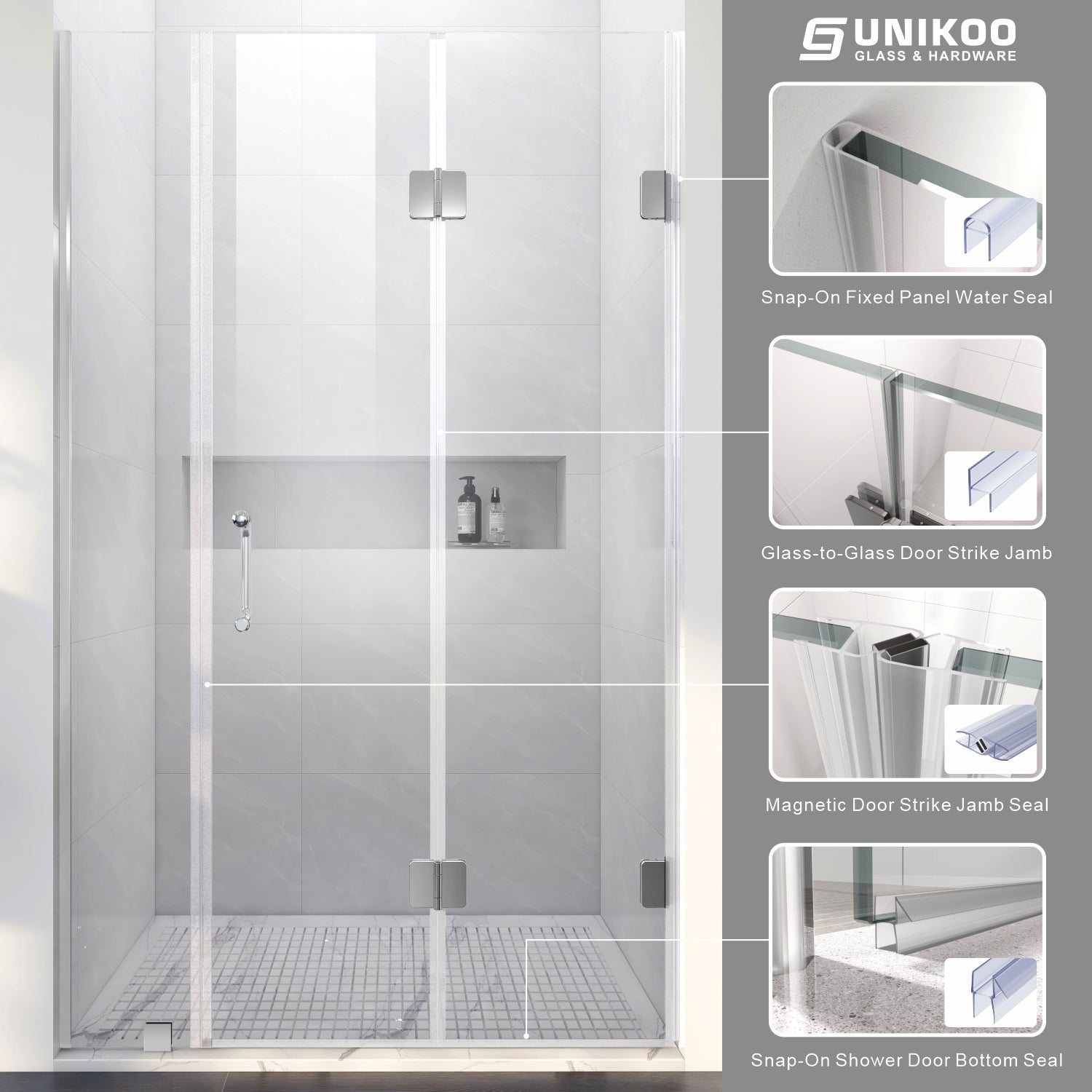 UKH10 60-1/2 in. to 63-3/8 in. W X 80 in. H Frameless BI-Fold Shower Door with U-Chanel and 3/8 in. (10mm) Clear Glass