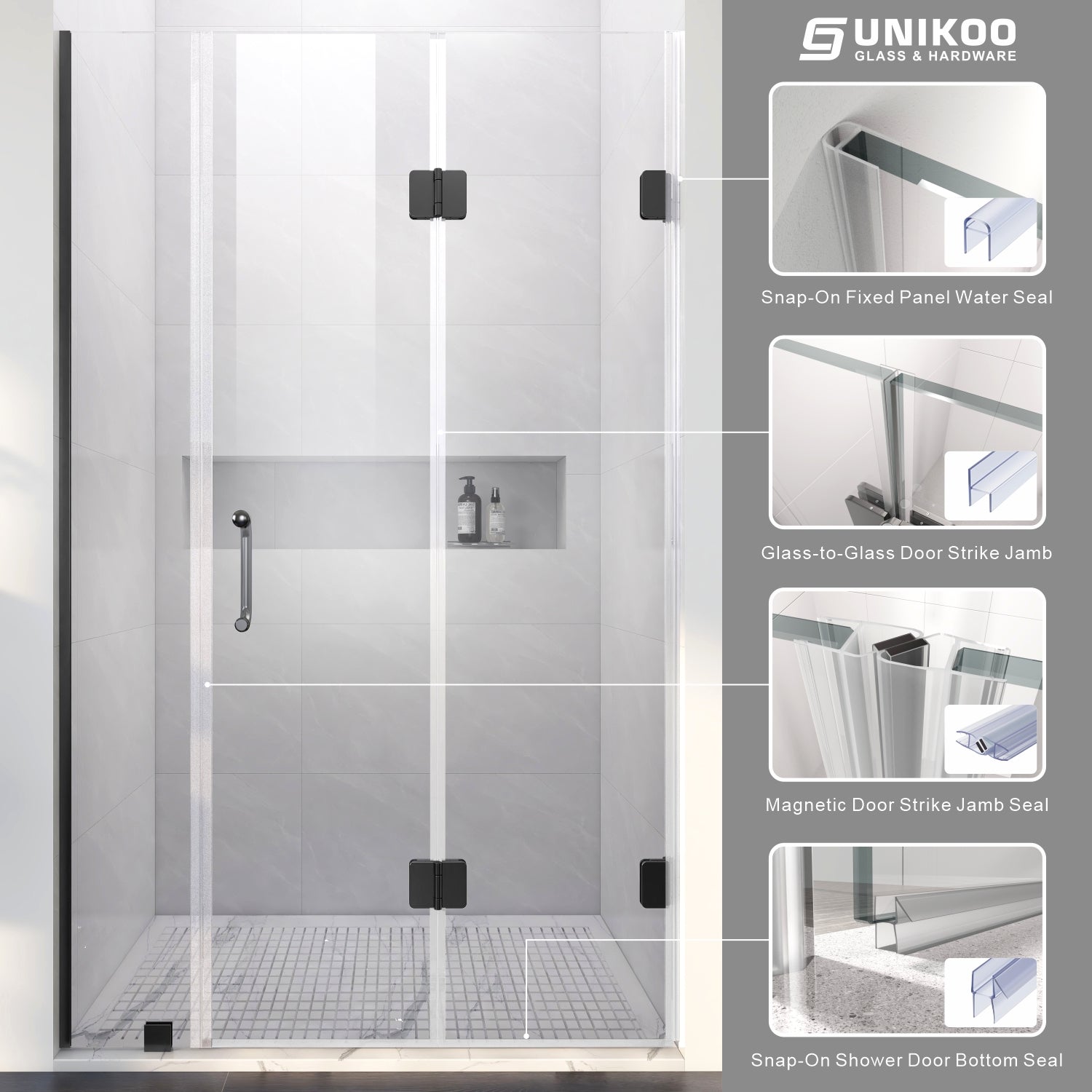 38"-80" W×80" H Frameless Double Swing Shower Doors in Matte Black with Triple 3/8" (10mm) Certified Tempered Clear Glass , UKH10