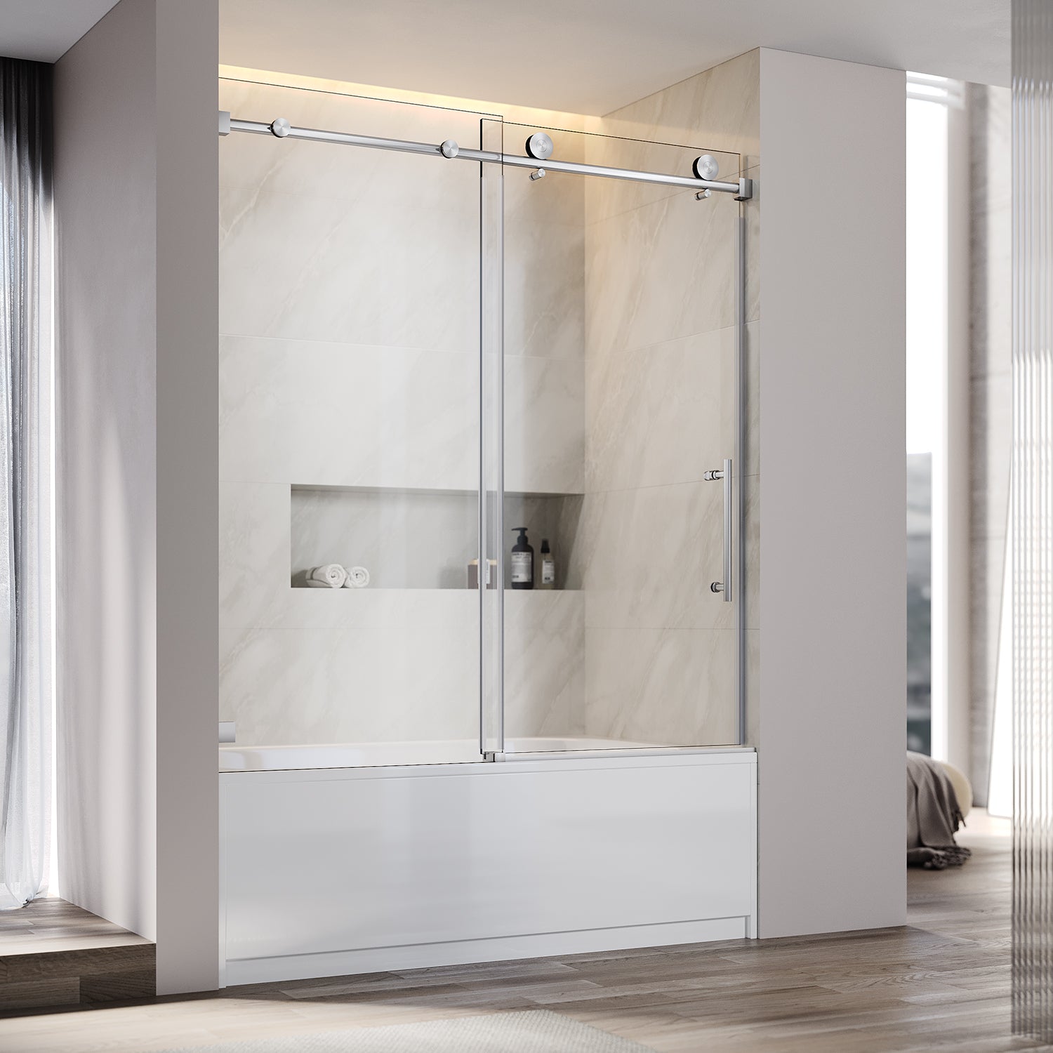 Puerta corredera para bañera sin marco UKS03-56 a 60 pulgadas de ancho x 66 pulgadas de alto con vidrio transparente EnduroShield de 5/16 pulgadas SGCC