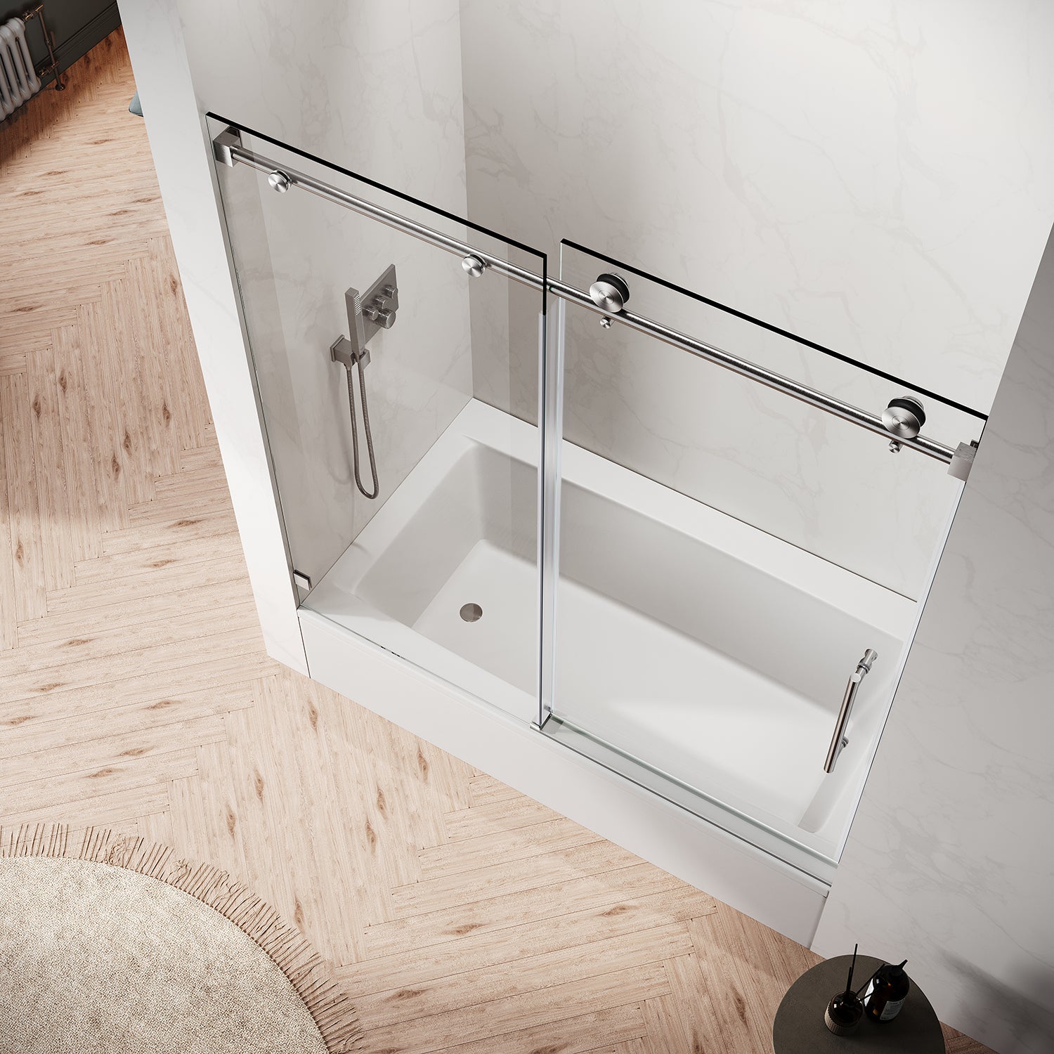 Puerta corredera para bañera sin marco UKS03-56 a 60 pulgadas de ancho x 66 pulgadas de alto con vidrio transparente EnduroShield de 5/16 pulgadas SGCC