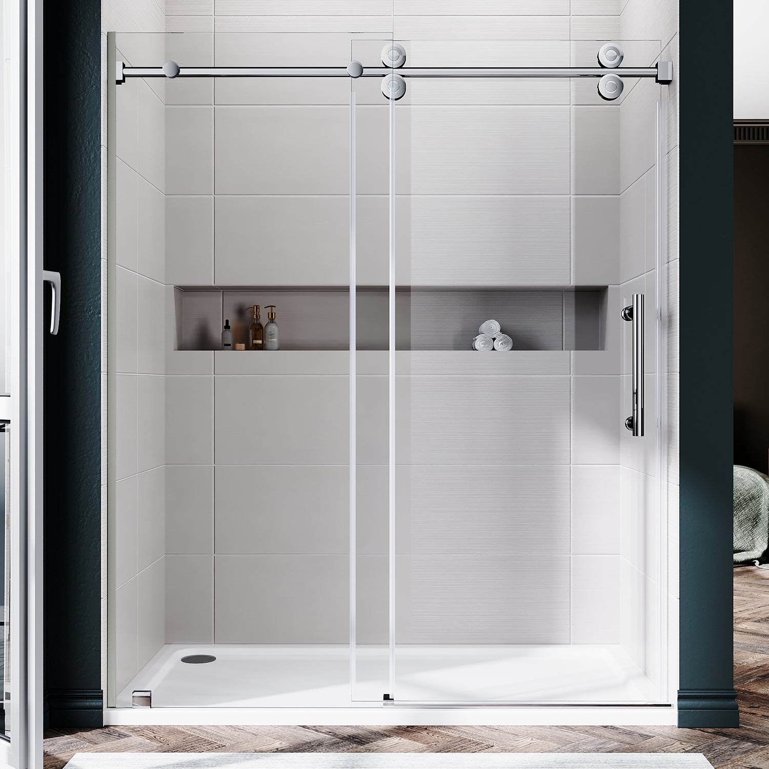 UKS04 - Puerta de ducha corrediza sin marco de 46 a 49 pulgadas de ancho x 76 u 80 pulgadas de alto, vidrio transparente EnduroShield SGCC de 3/8 de pulgada