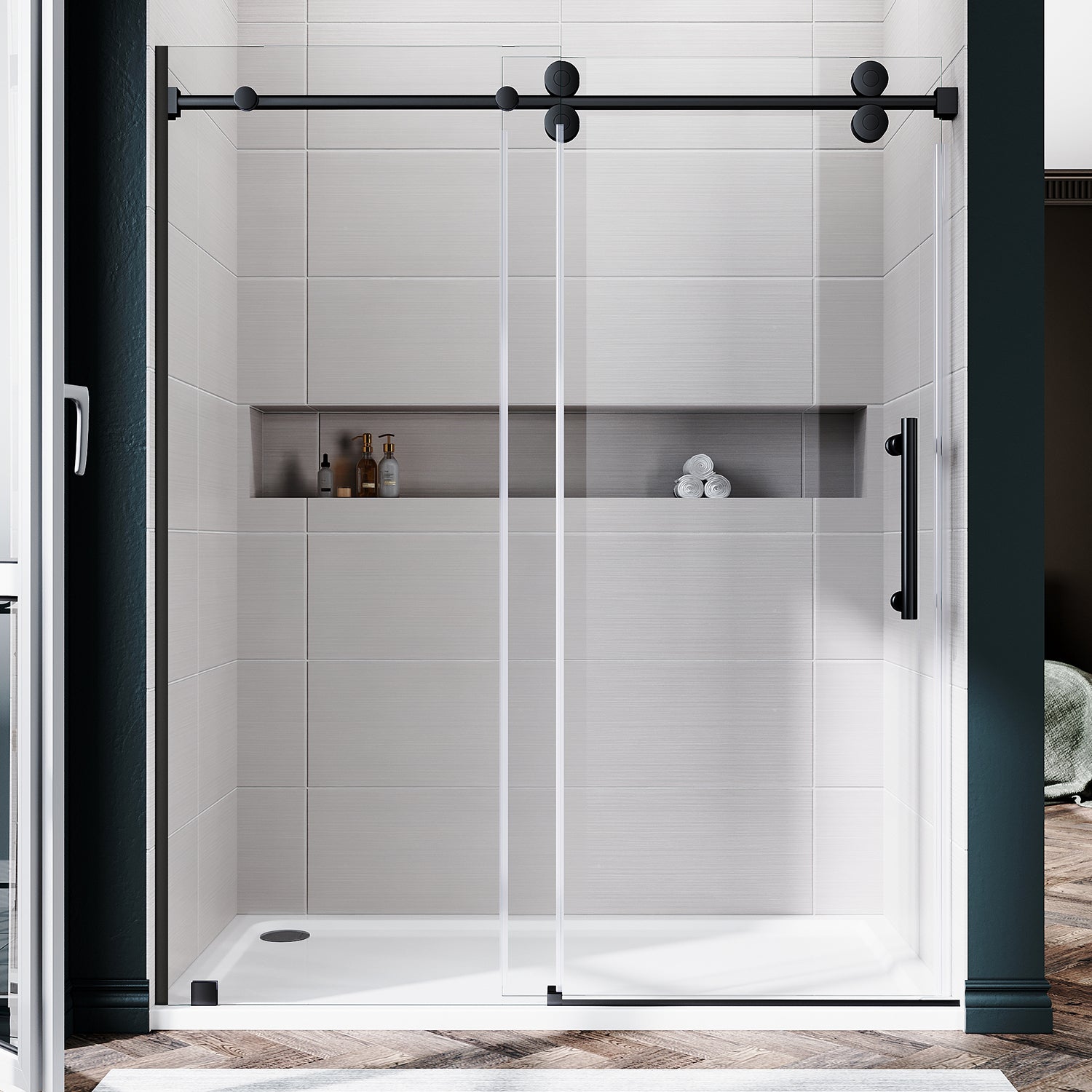 UKS04 - Puerta de ducha corrediza sin marco de 46 a 49 pulgadas de ancho x 76 u 80 pulgadas de alto, vidrio transparente EnduroShield SGCC de 3/8 de pulgada