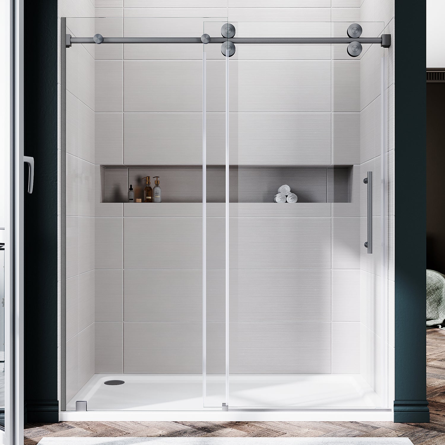 UKS04 - Puerta de ducha corrediza sin marco de 46 a 49 pulgadas de ancho x 76 u 80 pulgadas de alto, vidrio transparente EnduroShield SGCC de 3/8 de pulgada