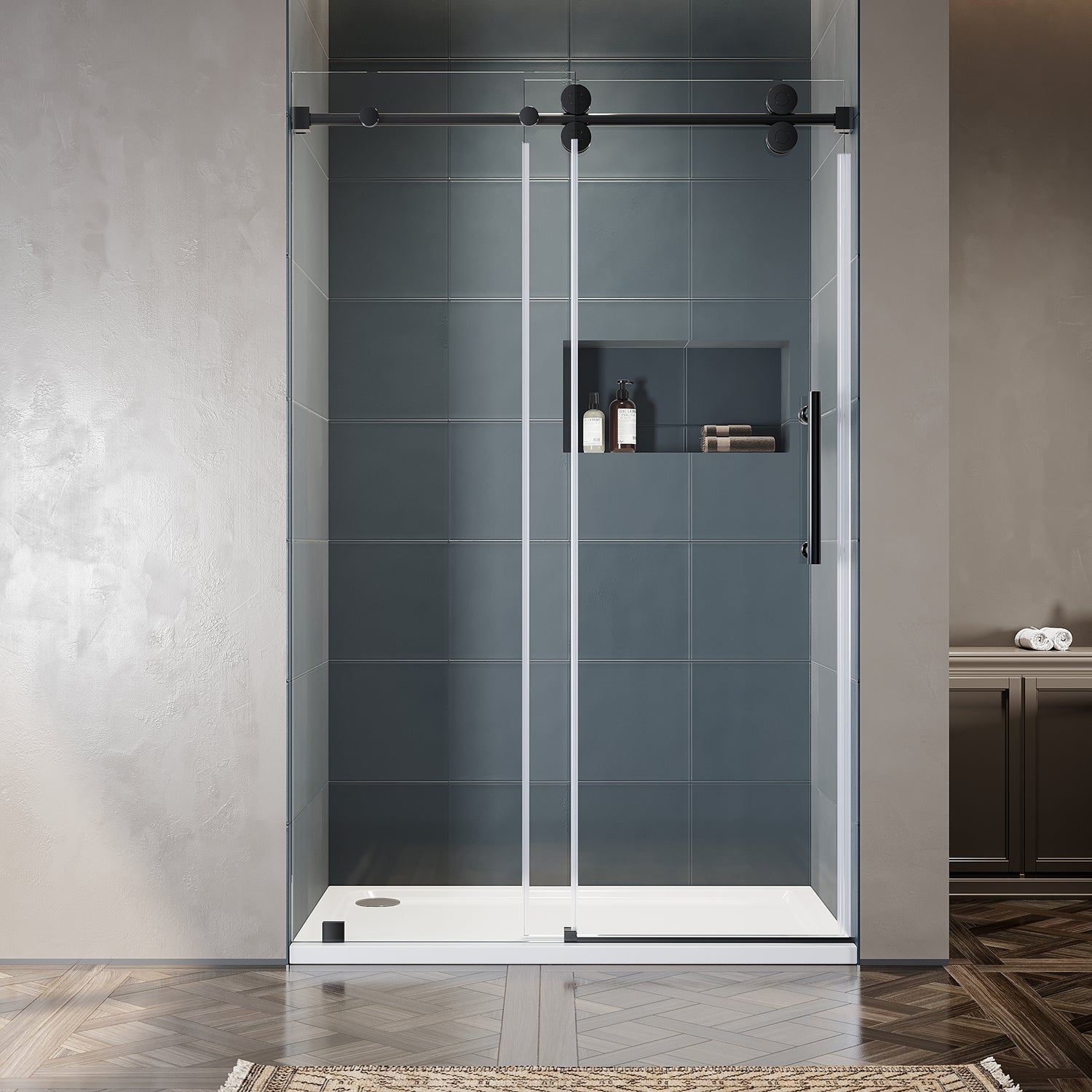 UKS04 -50 to 55 in. W x 76 or 80 in. H Sliding Frameless Shower Door, EnduroShield 3/8 in. SGCC Clear Glass