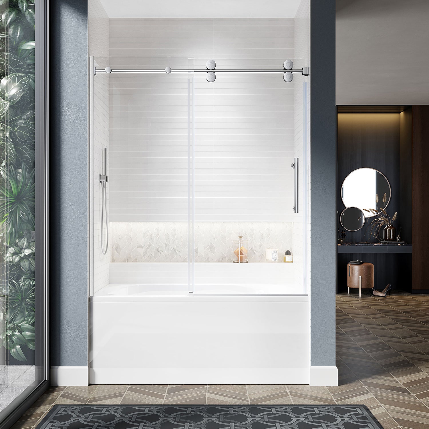 UKS04 - 56 至 60 英寸宽 x 66 英寸高无框滑动淋浴门，EnduroShield 3/8 英寸不同玻璃